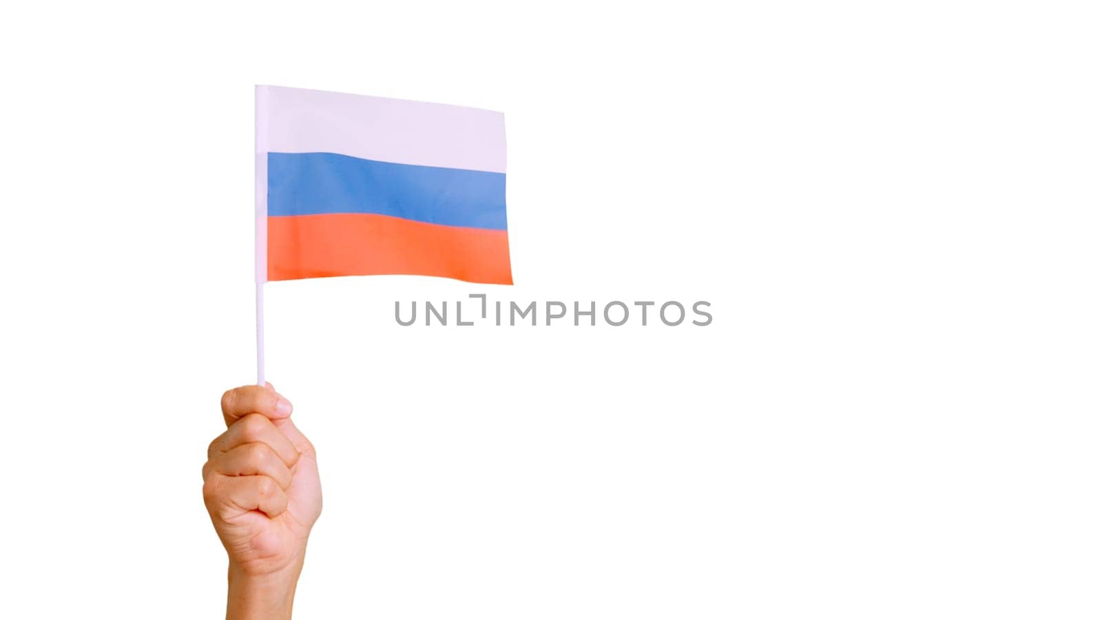 Photo of wind waving a russian pennant holding by a hand. Slow Motion video