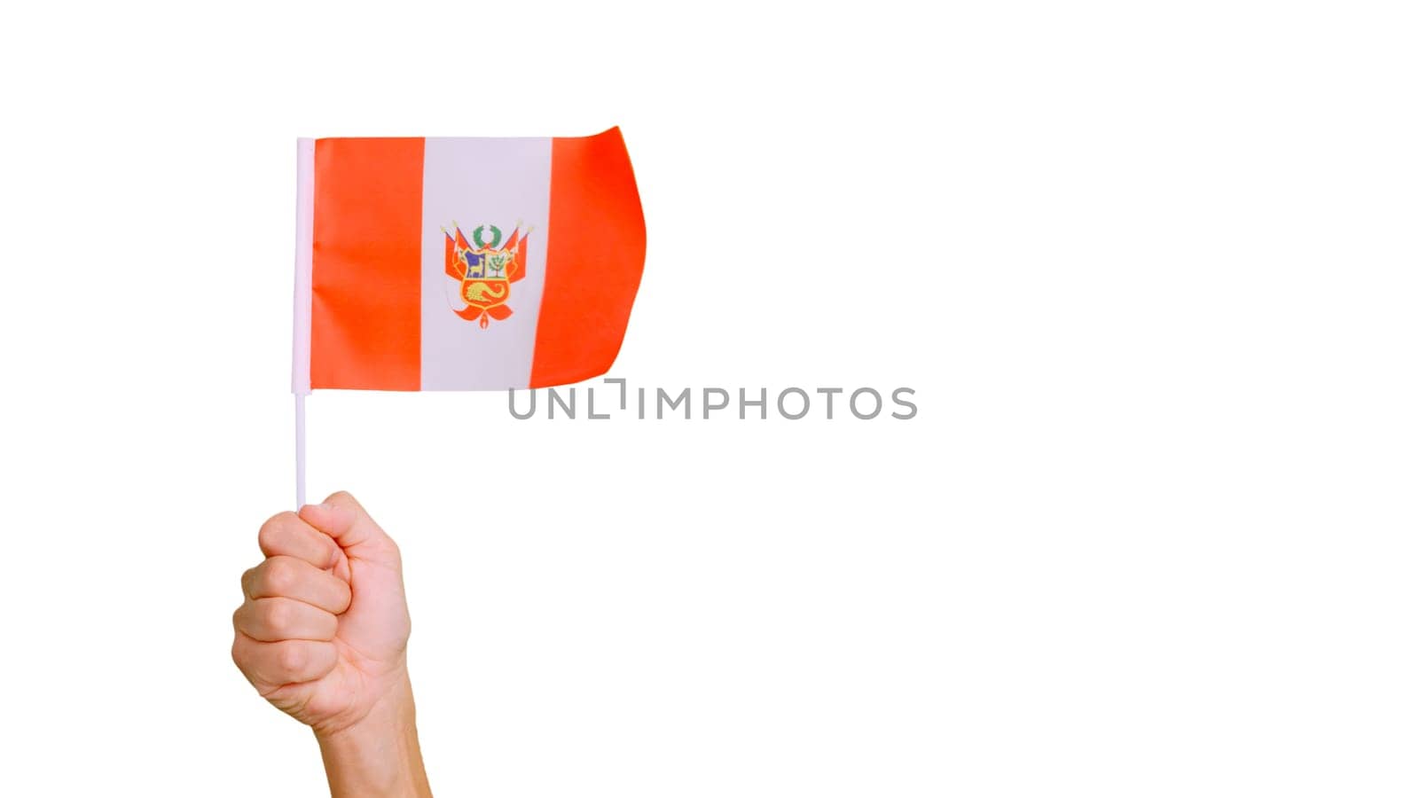 Photo of wind waving a peruvian pennant holding by a hand. Slow Motion video