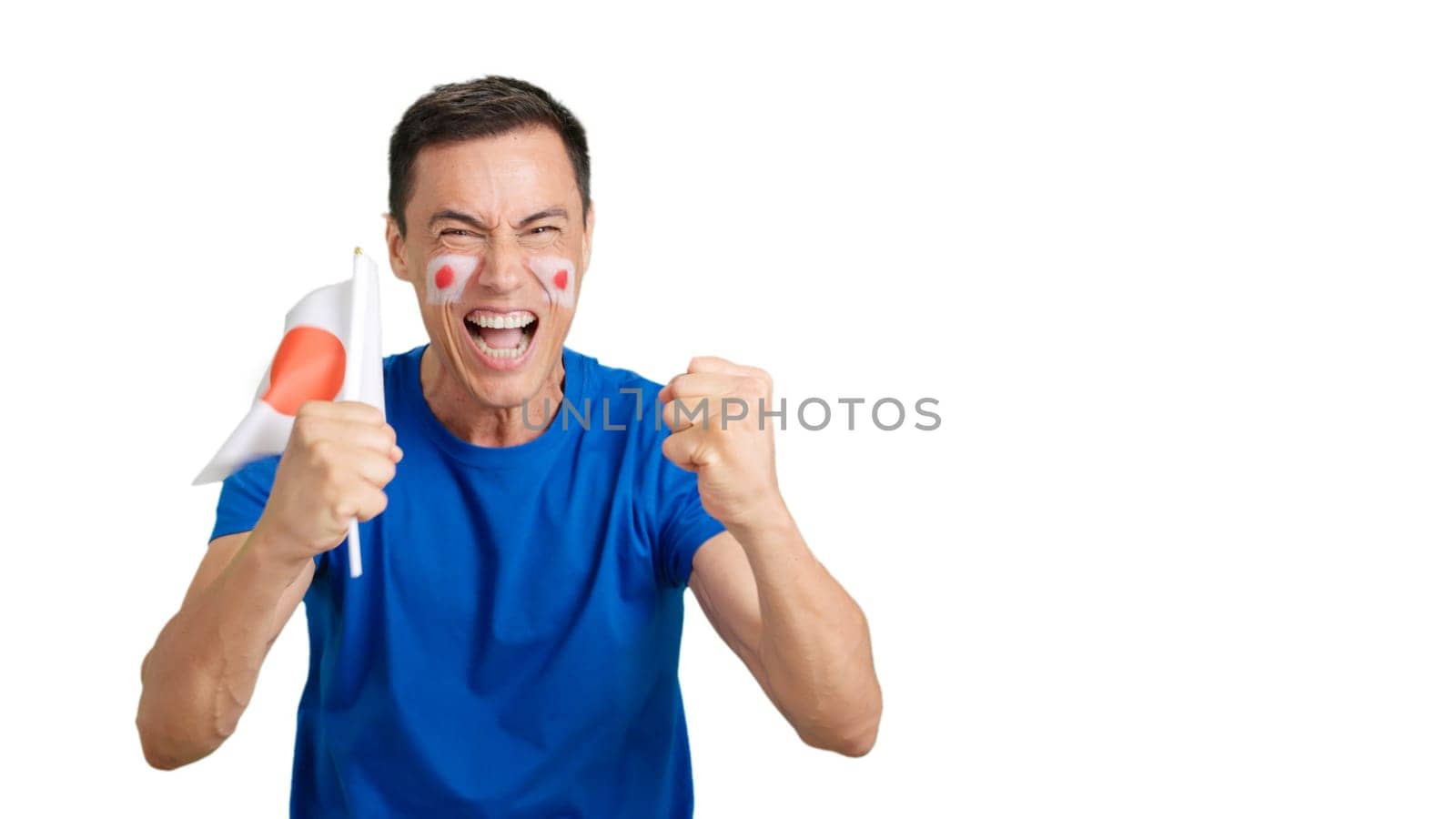 Man passionately cheering for Japan screaming and waving a national flag