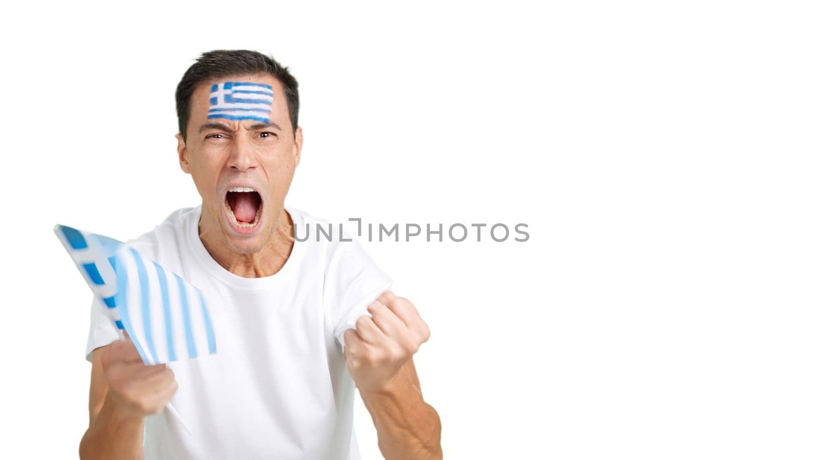 Man passionately cheering for Greece screaming and waving a national flag