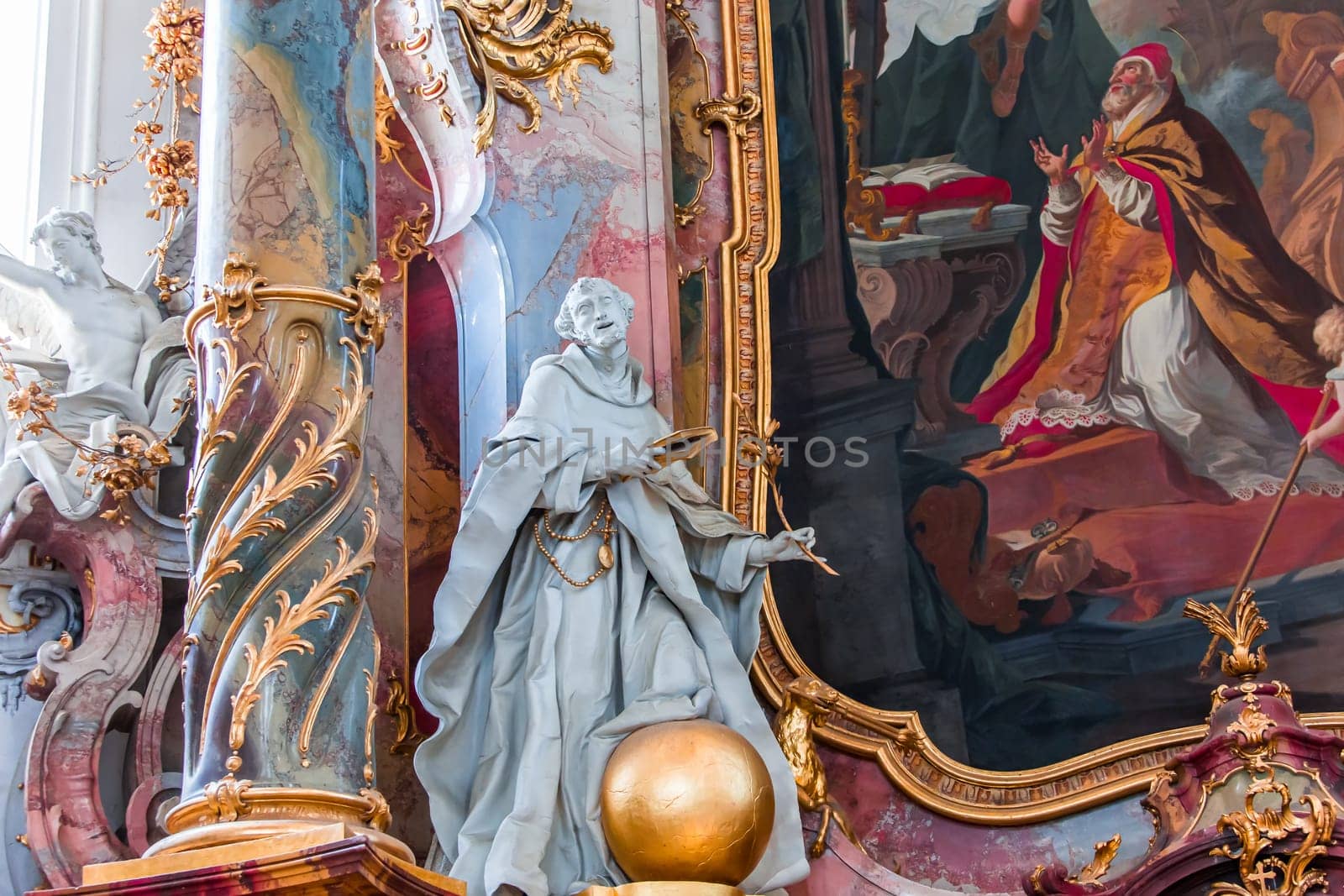 OTTOBEUREN, BAVARIA, GERMANY, JUNE 04, 2022 : Rococo stuccowork statues, by various anonymous artists, 18th century,  in  Ottobeuren abbey basilica