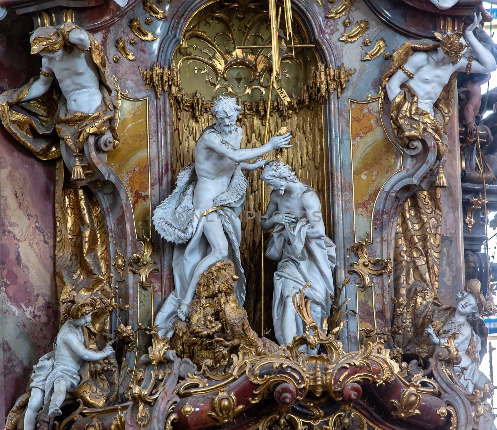 OTTOBEUREN, BAVARIA, GERMANY, JUNE 04, 2022 : Rococo stuccowork statues, by various anonymous artists, 18th century,  in  Ottobeuren abbey basilica