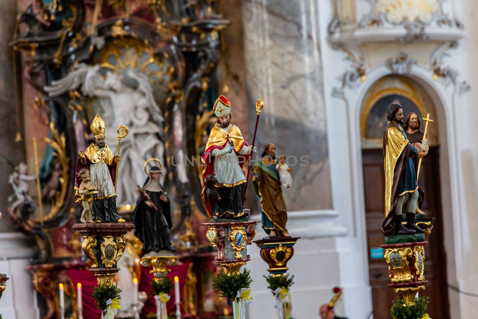 OTTOBEUREN, BAVARIA, GERMANY, JUNE 04, 2022 : Rococo stuccowork statues, by various anonymous artists, 18th century,  in  Ottobeuren abbey basilica