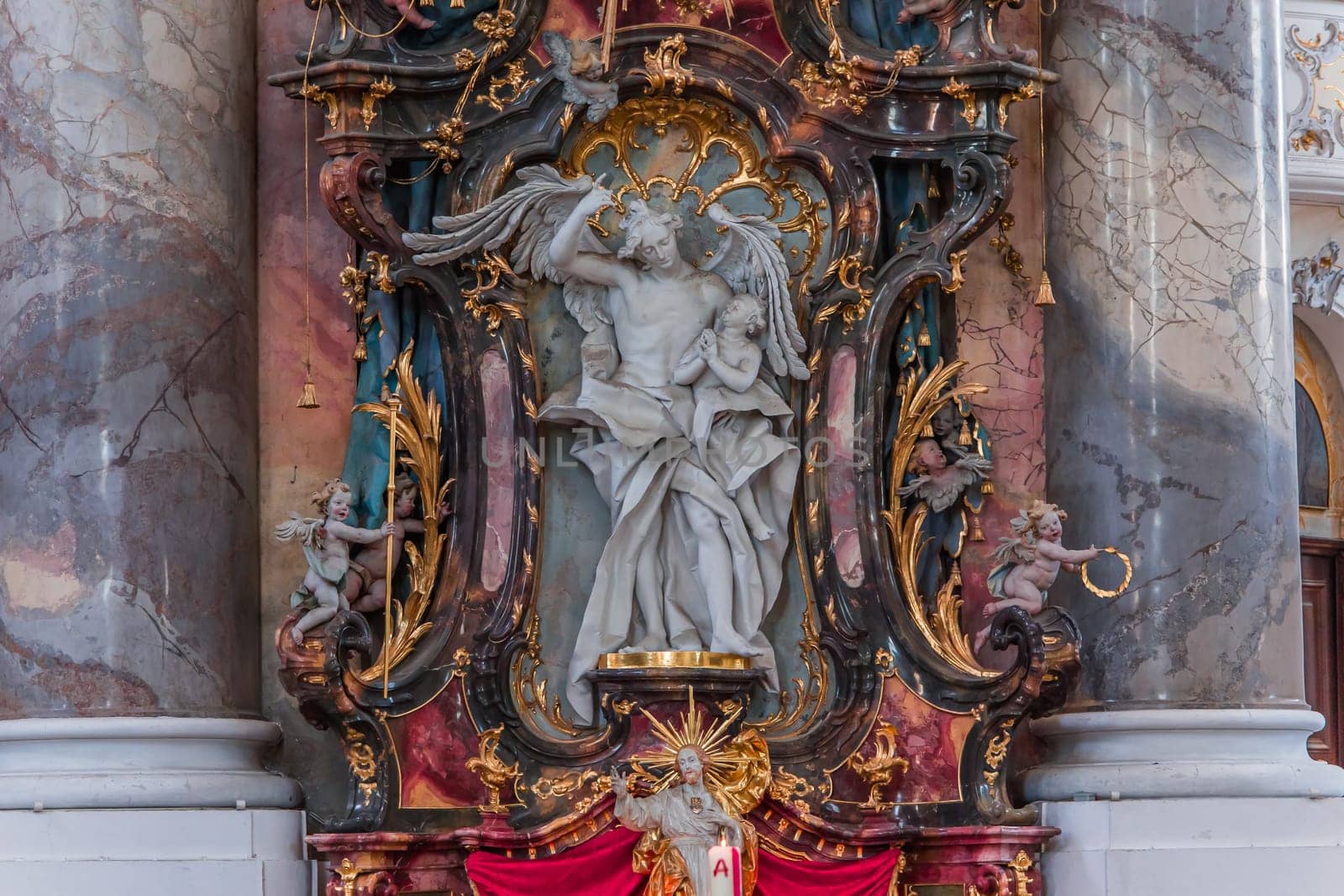 OTTOBEUREN, BAVARIA, GERMANY, JUNE 04, 2022 : Rococo stuccowork statues, by various anonymous artists, 18th century,  in  Ottobeuren abbey basilica