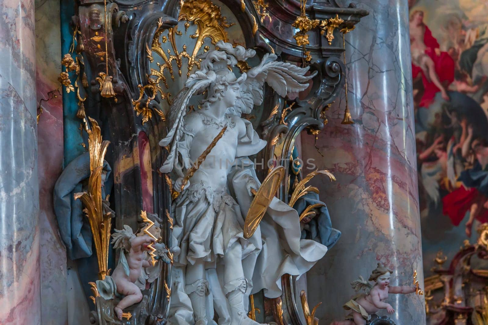 OTTOBEUREN, BAVARIA, GERMANY, JUNE 04, 2022 : Rococo stuccowork statues, by various anonymous artists, 18th century,  in  Ottobeuren abbey basilica