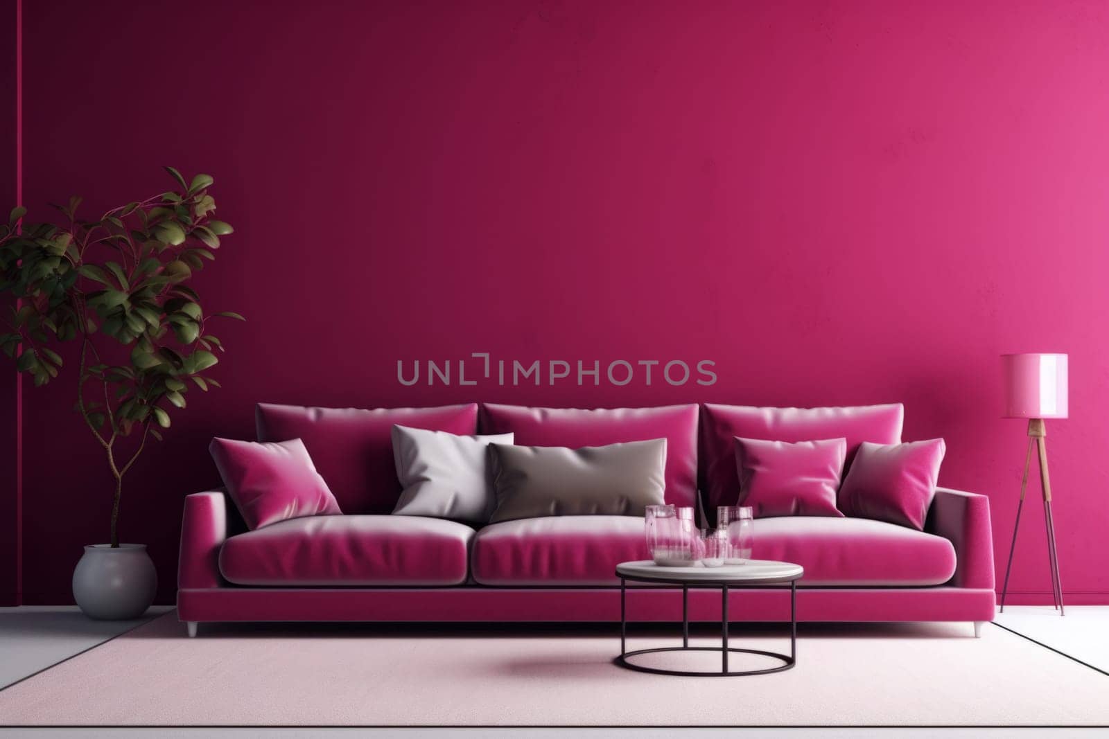 Luxury living room in trend color. Viva magenta walls, lounge furniture. Empty space for art or picture. Rich interior design. Mockup living room or reception hall. Generated AI by Oxdesign