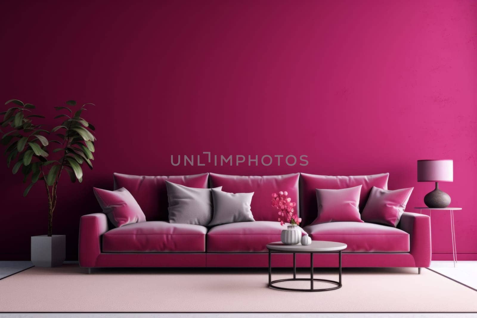 Luxury living room in trend color. Viva magenta walls, lounge furniture. Empty space for art or picture. Rich interior design. Mockup living room or reception hall. Generated AI by Oxdesign