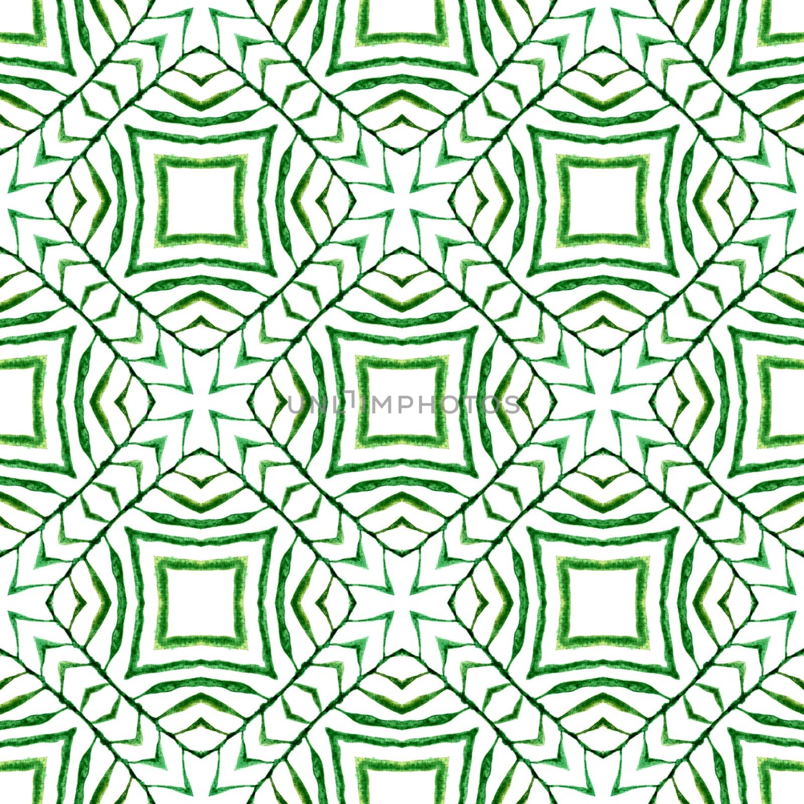 Ikat repeating swimwear design. Green magnetic boho chic summer design. Watercolor ikat repeating tile border. Textile ready trending print, swimwear fabric, wallpaper, wrapping.