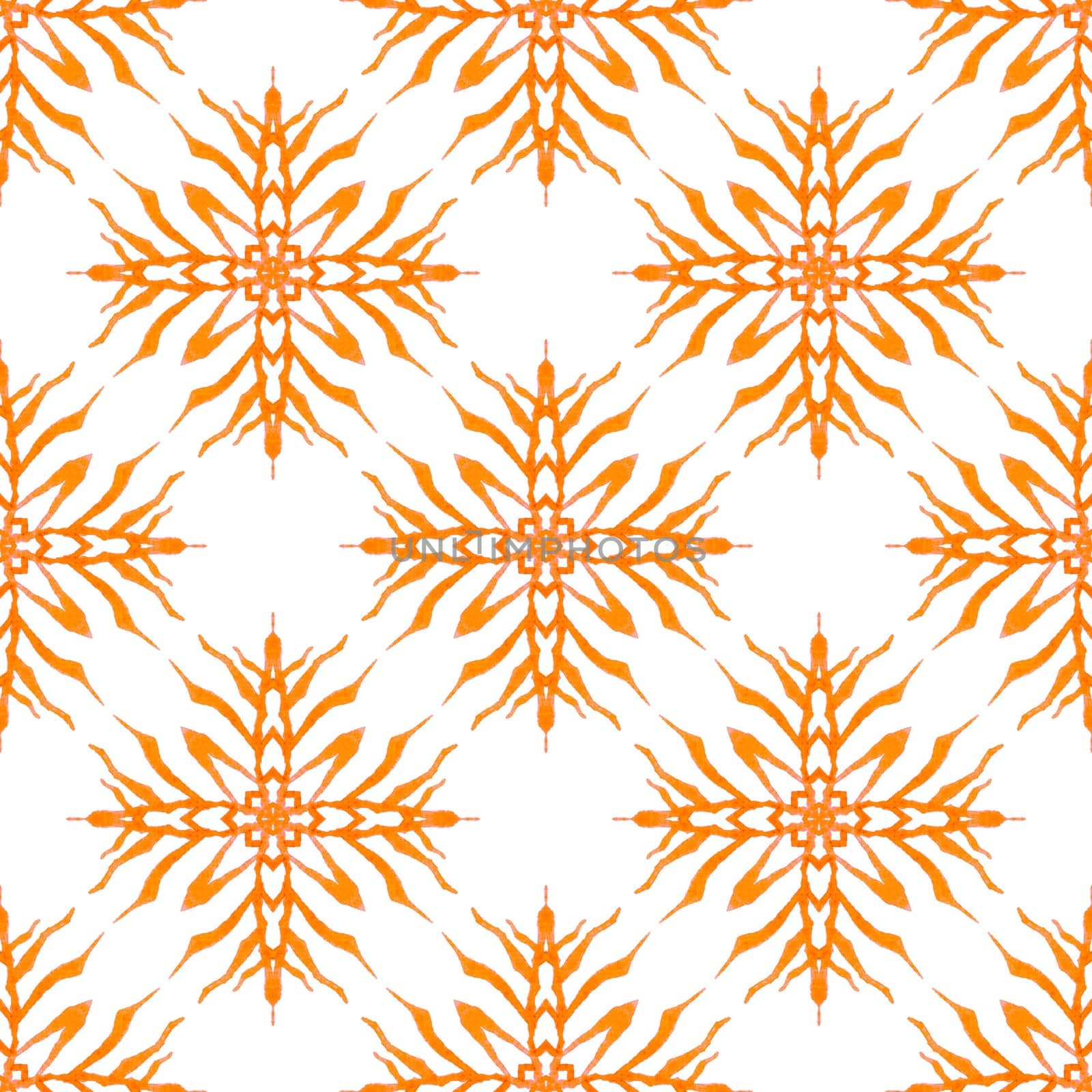 Textile ready symmetrical print, swimwear fabric, wallpaper, wrapping. Orange uncommon boho chic summer design. Organic tile. Trendy organic green border.