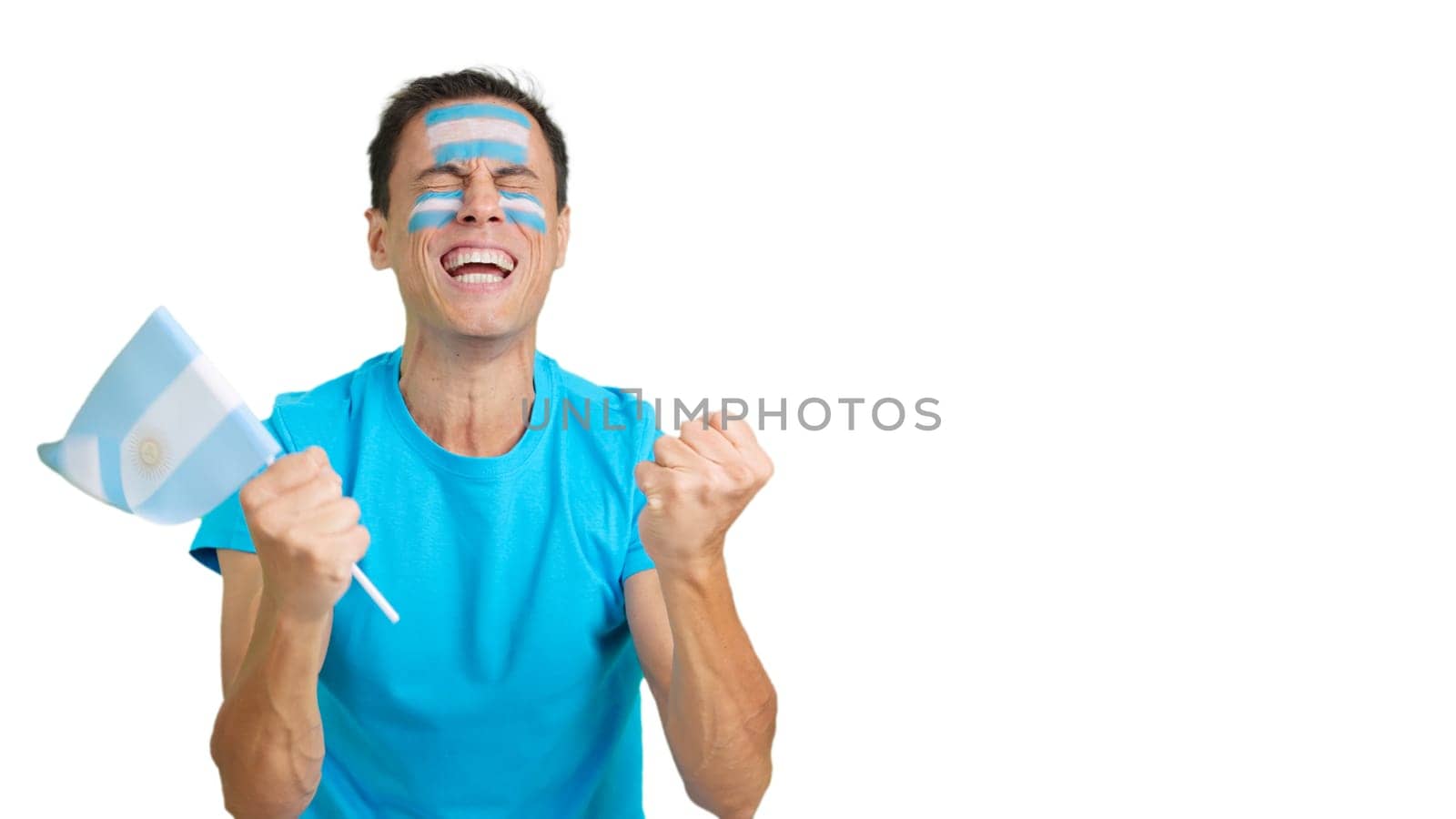 Man passionately cheering for Argentina screaming and waving a national flag