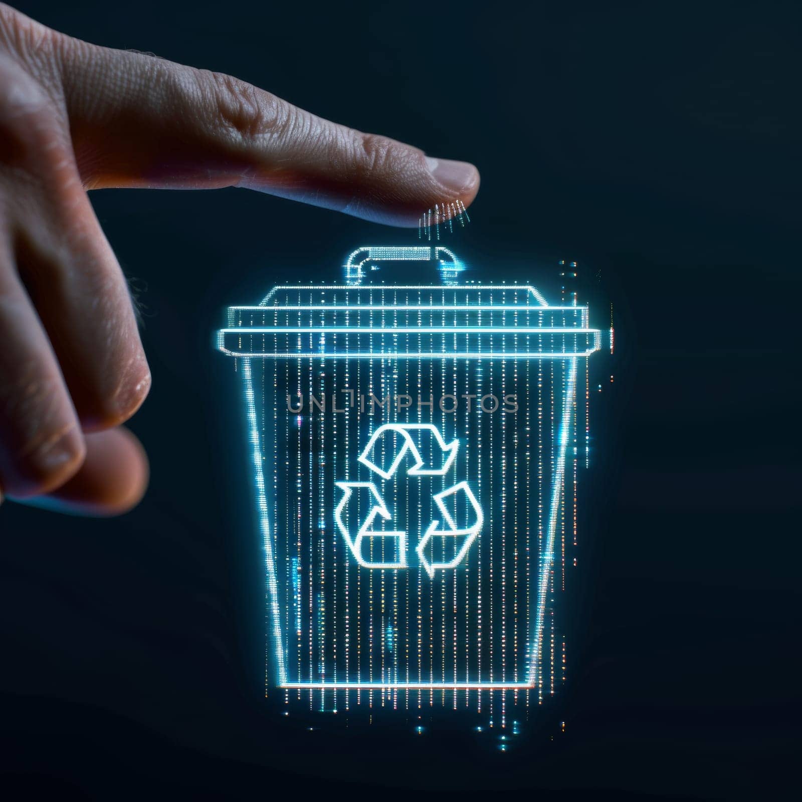 Finger touching a futuristic blue neon illuminated trash bin.