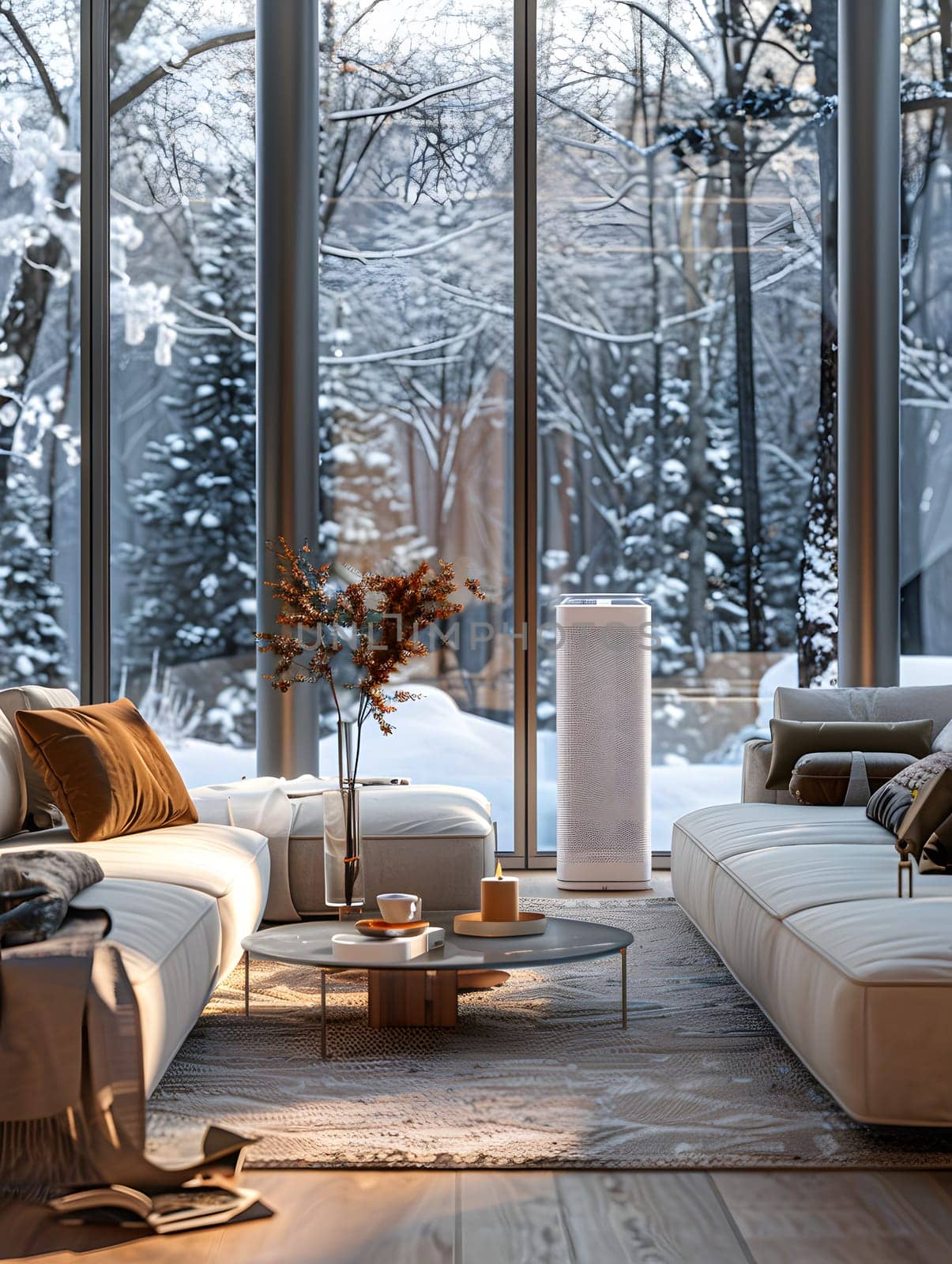 A cozy living room in a building with large windows showcasing a snowy forest. The interior design includes a couch, coffee table, and wood flooring