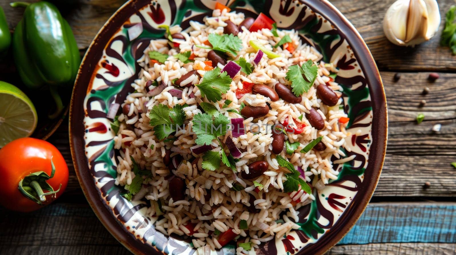 Traditional Costa Rican gallo pinto, a dish of rice and beans seasoned with cilantro and onions, served on vibrant, colorful plate. Flavorful meal represents the culinary heritage of Central America