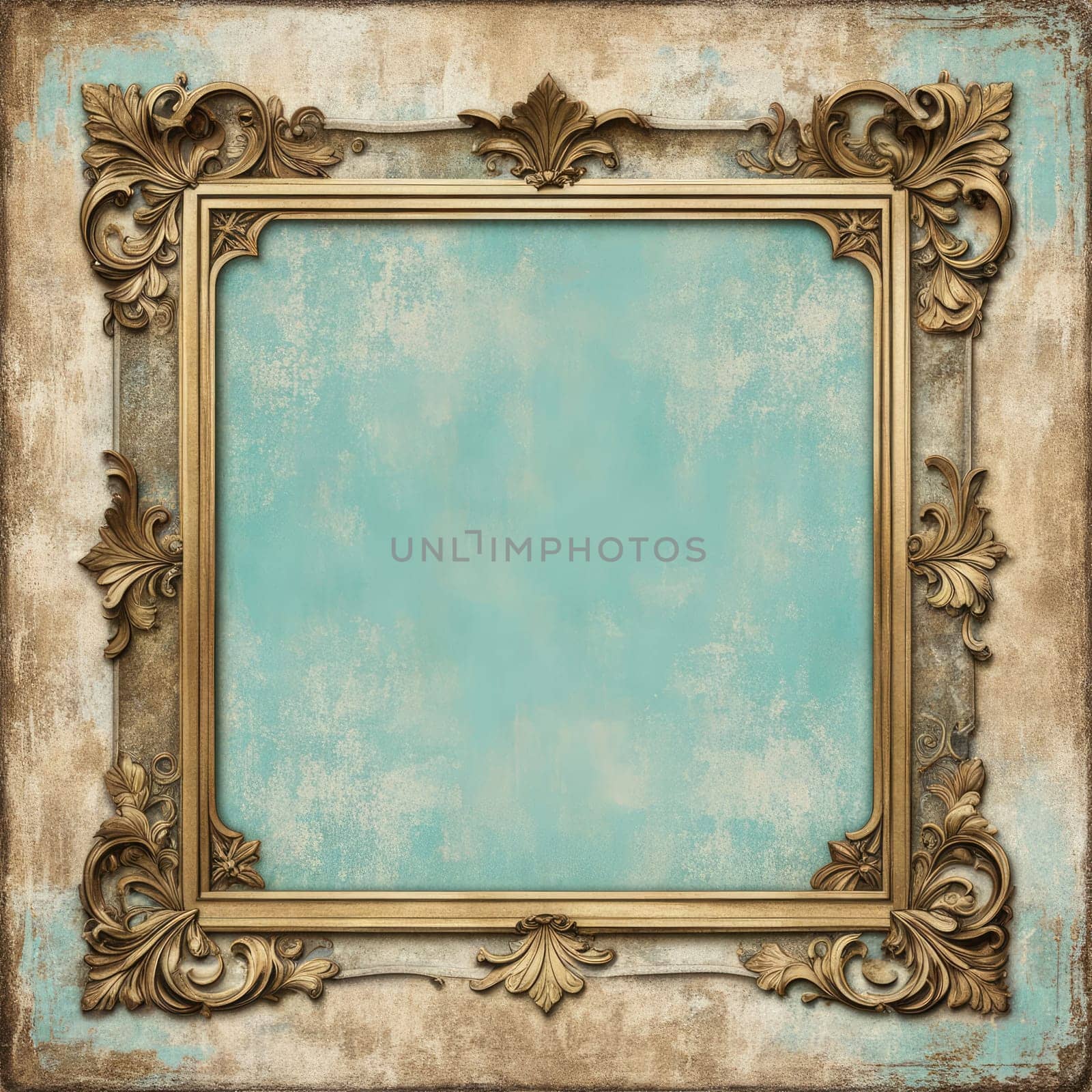 Vintage antique gold frame with wear and imperfections for photos and text . Colored background in Victorian style .