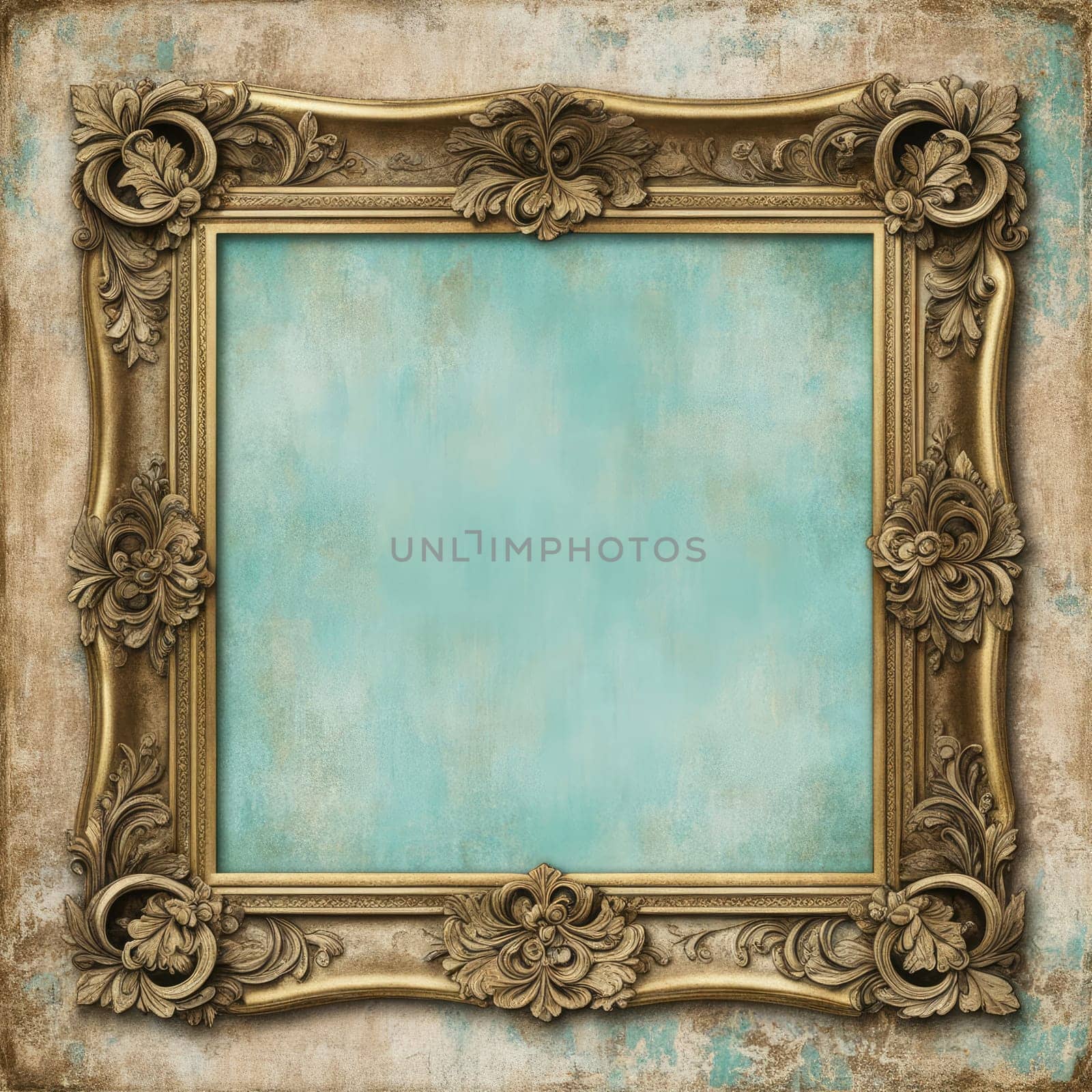 Vintage antique gold frame with wear and imperfections for photos and text . Colored background in Victorian style .