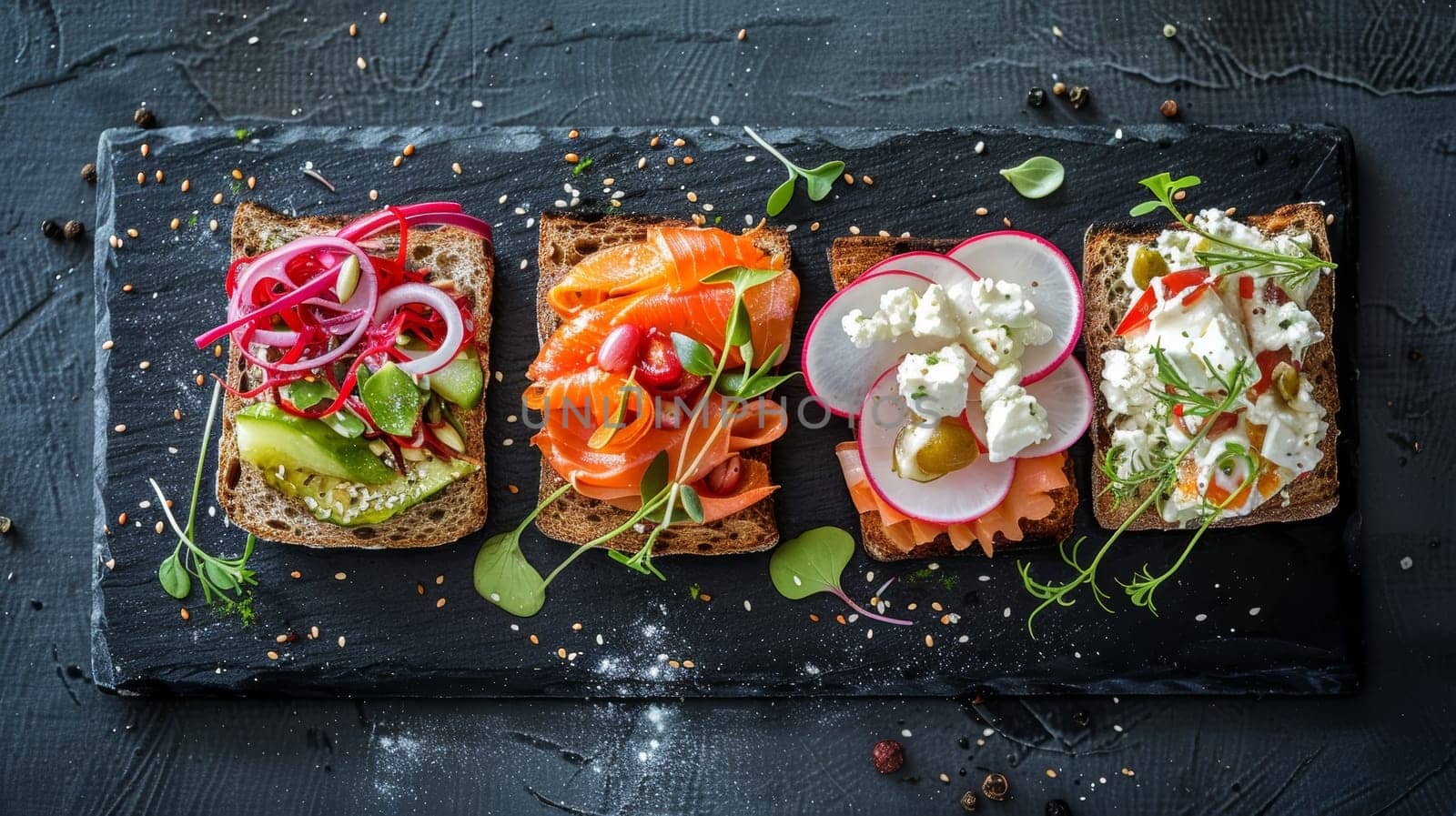 Authentic Danish smorrebrod, a selection of open-faced sandwiches with various savory toppings, elegantly presented on a slate plate - a mouthwatering representation of the rich culinary traditions