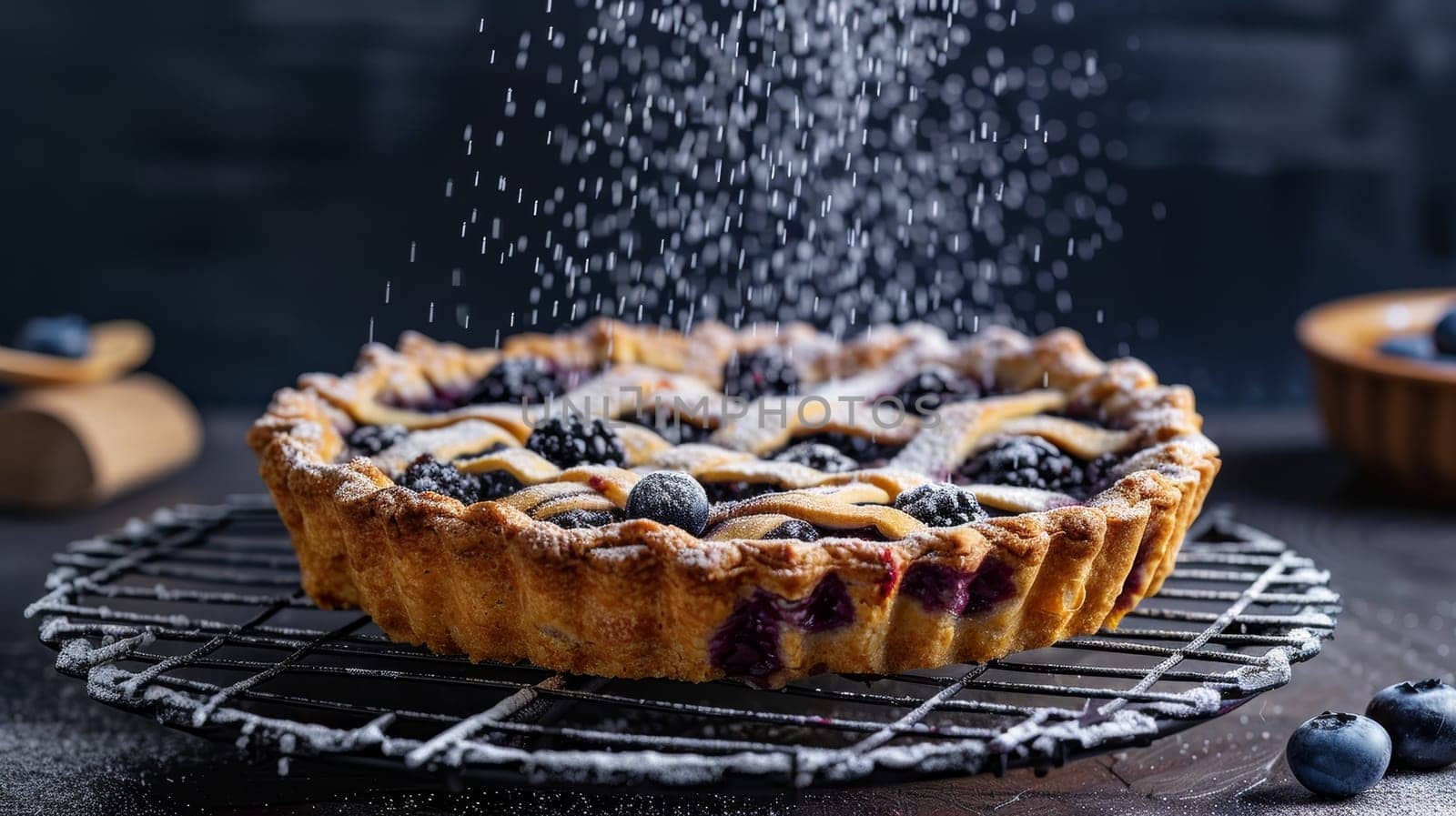Authentic Finnish mustikkapiirakka, a delectable blueberry pie fresh from the oven, presented on a cooling rack with a gentle dusting of sugar - a mouthwatering representation