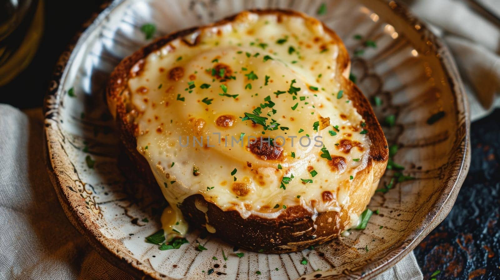 Welsh rarebit, a classic British dish of toasted bread topped with a rich, savory cheese sauce, served on a vintage ceramic plate. The traditional flavors and textures of Welsh culinary heritage