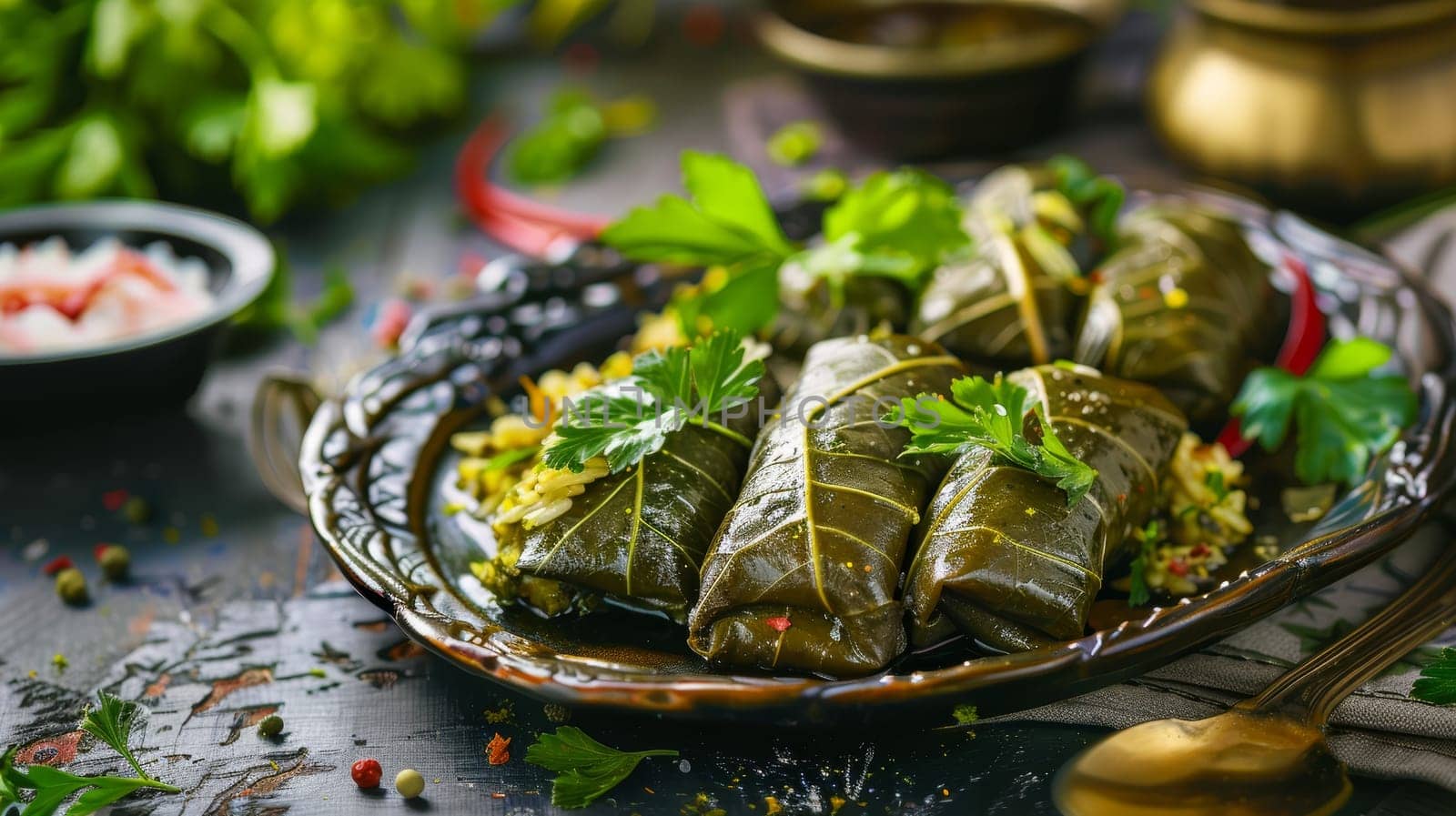 Traditional Armenian dolma made with stuffed grape leaves filled with a savory mixture of minced meat, rice, and aromatic herbs. This classic Mediterranean dish is a delightful representation