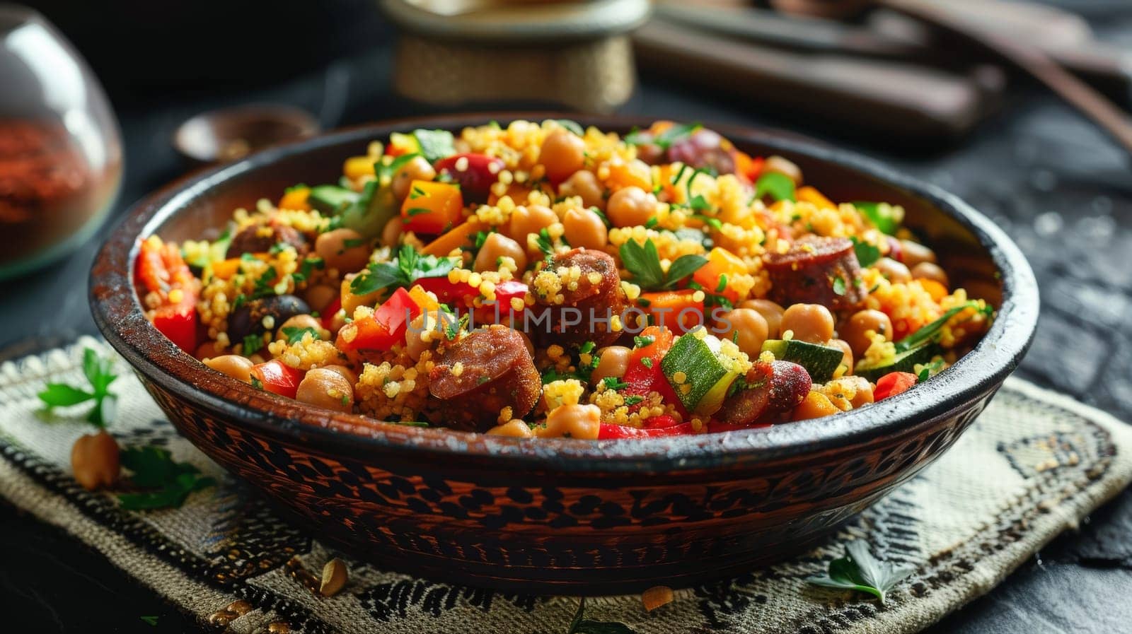 A vibrant bowl of Algerian couscous, featuring fluffy semolina grains with a medley of vegetables, chickpeas, and spicy merguez sausage. This traditional North African dish showcases bold flavors