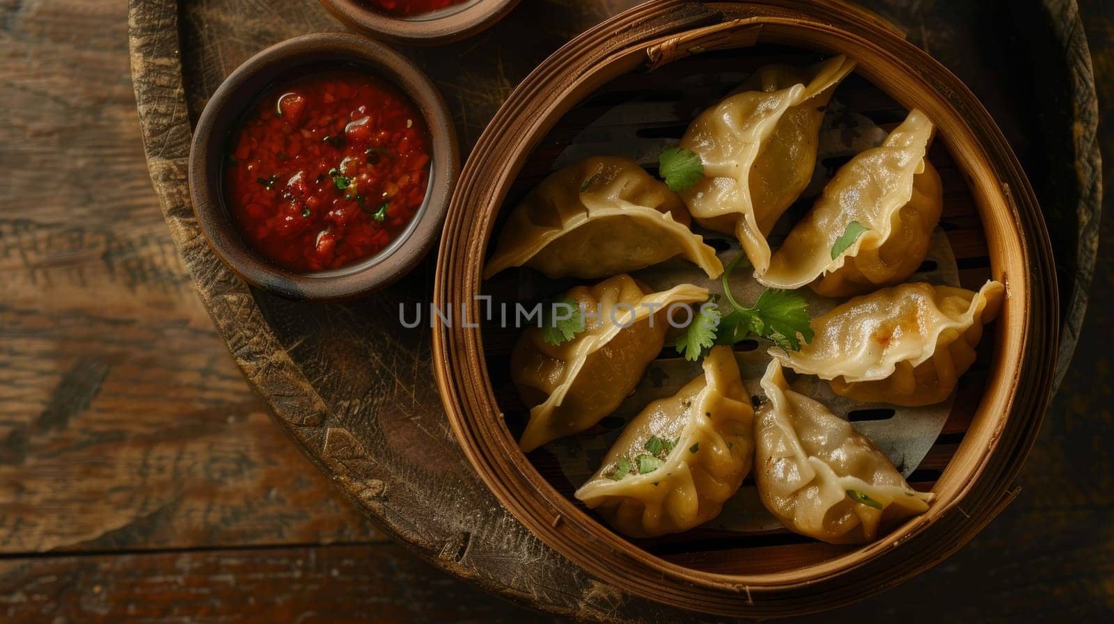 Nepalese momo dumplings, freshly steamed and served with a vibrant tomato-based dipping sauce. These savory Tibetan-inspired treats offer a delectable taste of Nepali culinary heritage