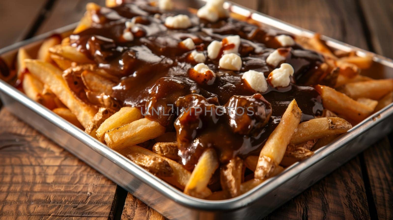 Authentic Canadian poutine with golden fries, squeaky cheese curds, and rich brown gravy served in a tray, capturing the comforting and indulgent essence of this beloved French-Canadian culinary