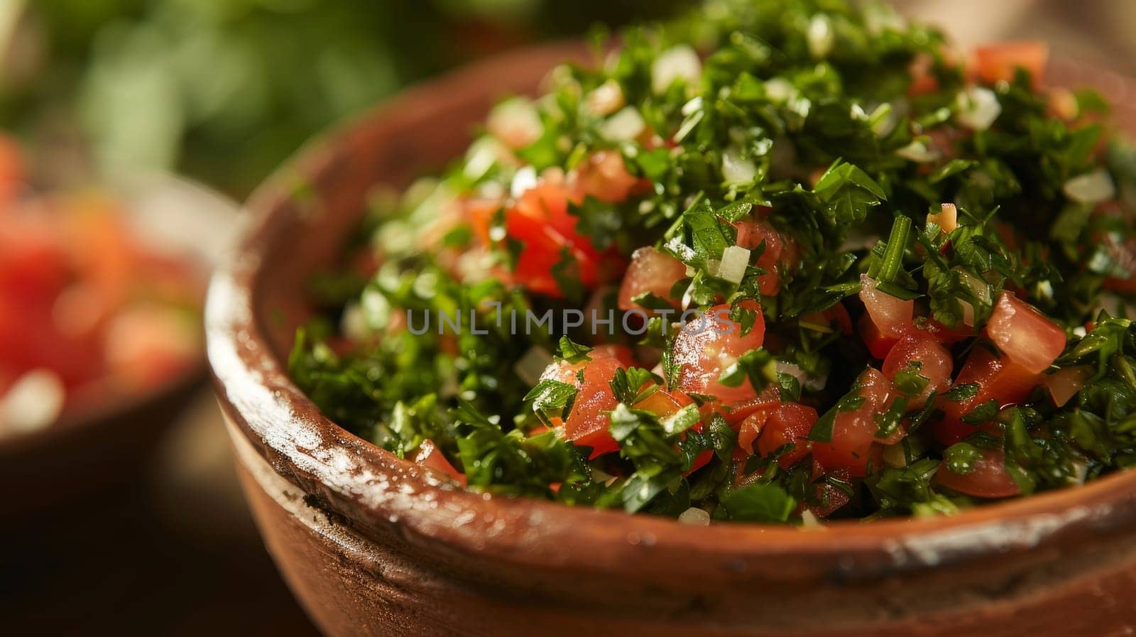 A vibrant and fresh Lebanese tabbouleh salad, featuring finely chopped parsley, ripe tomatoes, and nutty bulgur wheat, presented in a small bowl for a healthy and authentic Middle Eastern culinary