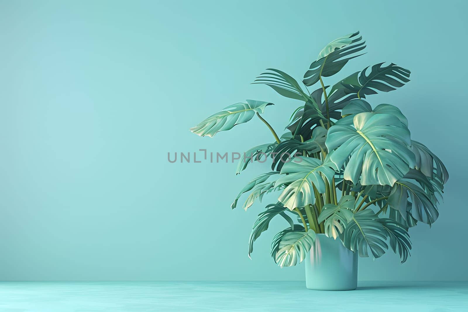 A houseplant in a flowerpot sits on a table in front of an azure wall resembling the sky. The terrestrial plant brings a touch of nature indoors