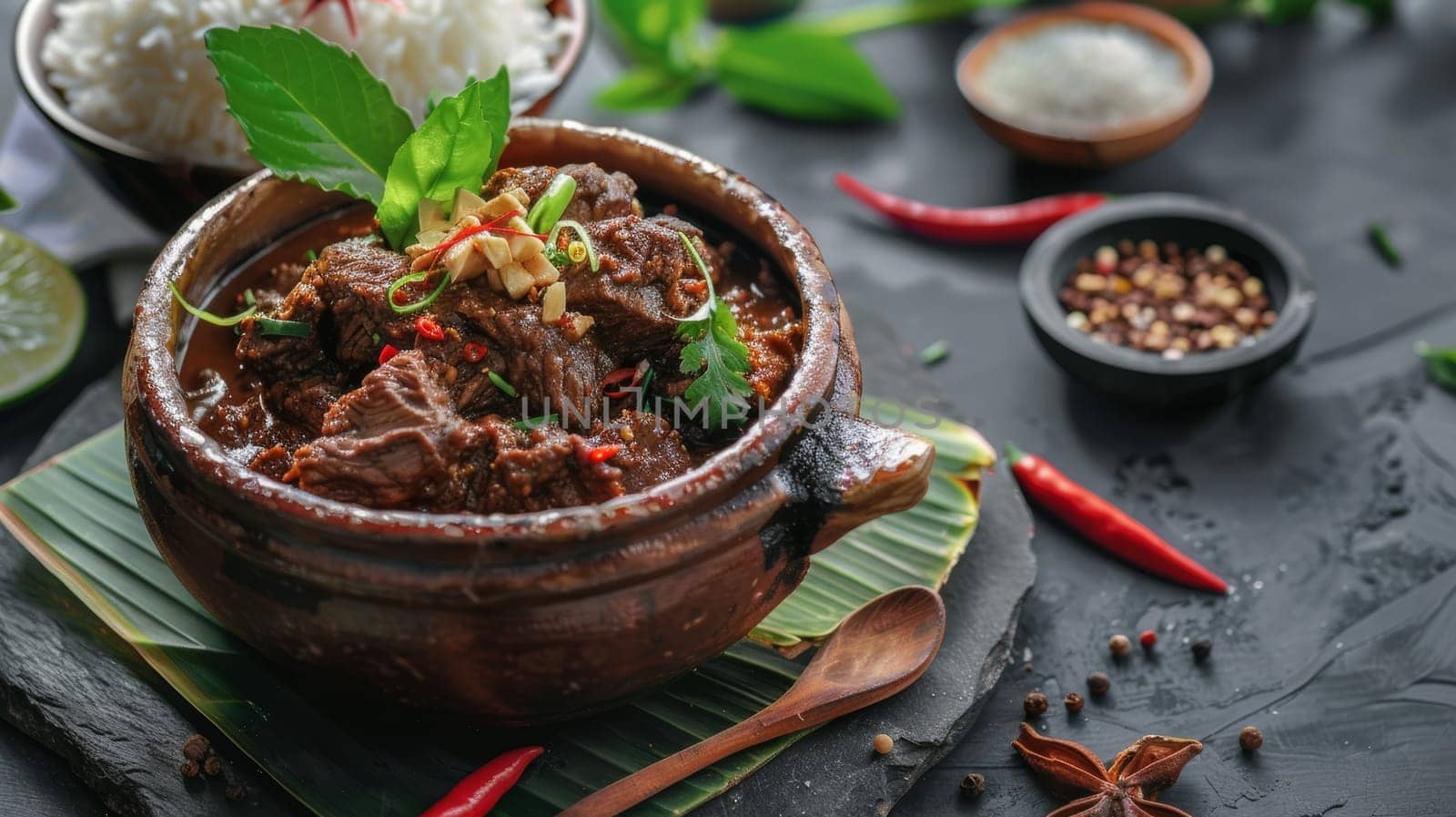 Authentic Indonesian rendang, a slow-cooked beef dish simmered in a rich coconut milk and spice-infused curry. This fragrant, tender, and flavorful Southeast Asian staple represents vibrant culinary