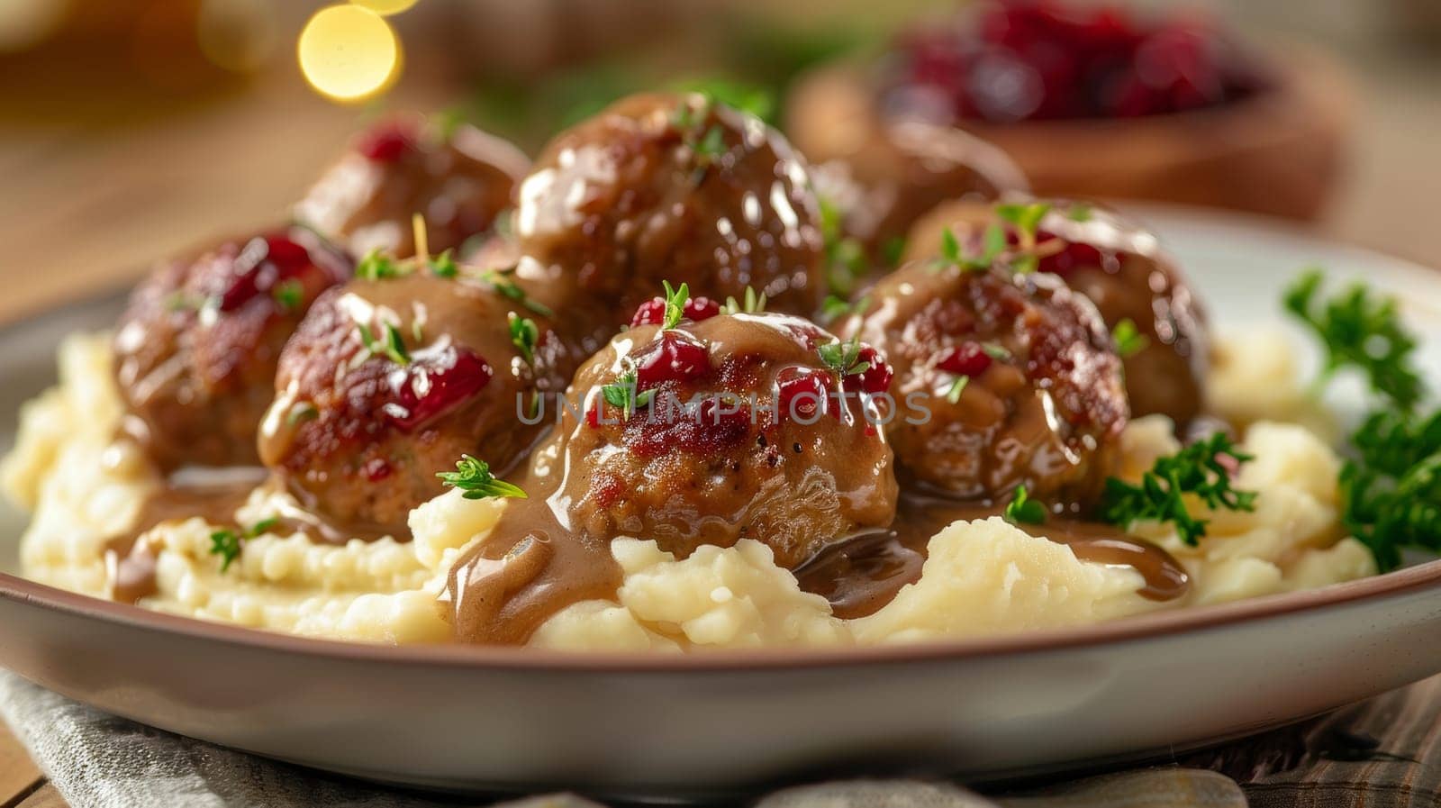 Authentic Swedish meatballs served on a plate with a creamy gravy, accompanied by tangy lingonberry jam and fluffy mashed potatoes - a comforting, traditional dish of Swedish cuisine
