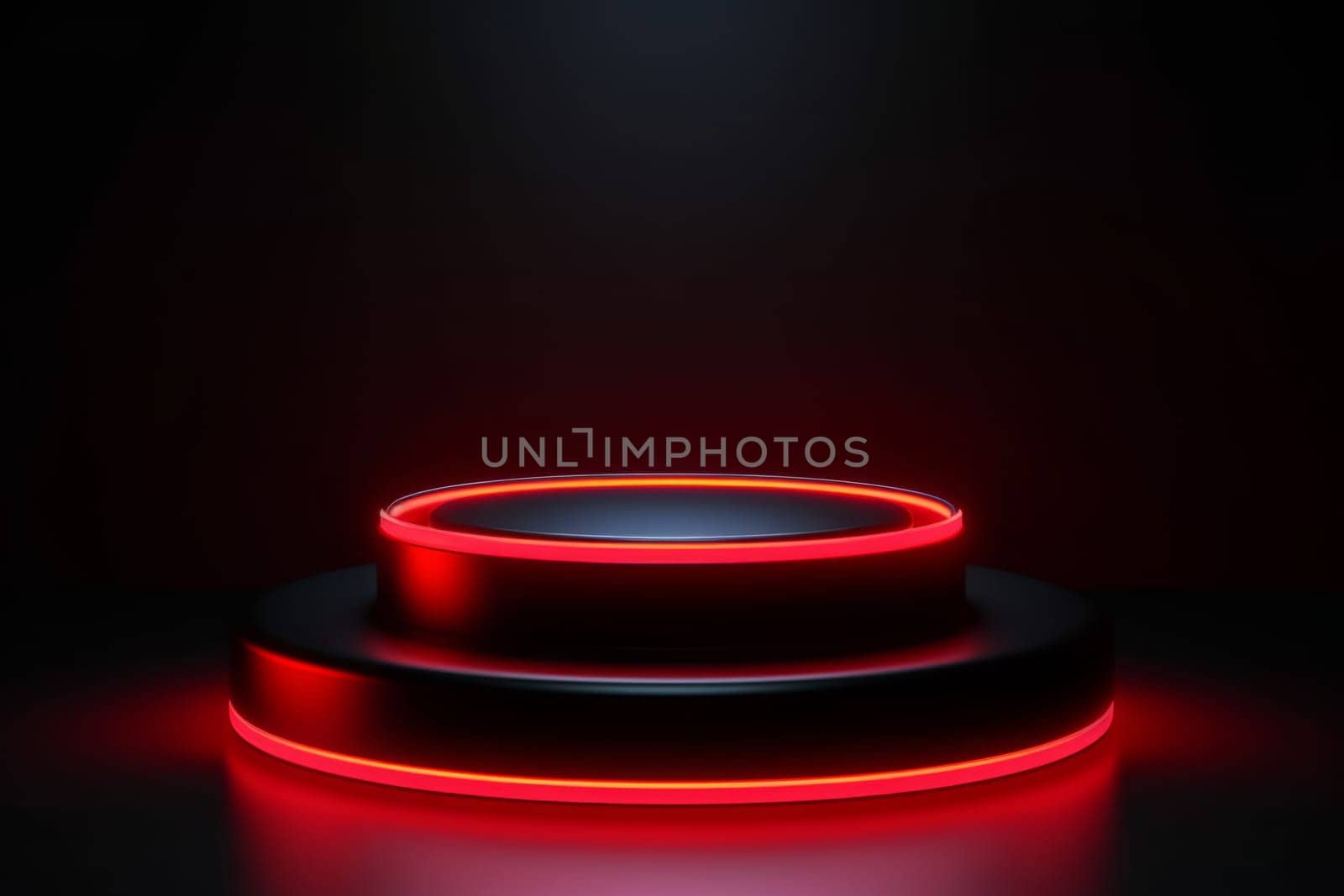 Futuristic Sci Fi Empty Red Stage neon 3d. Podium or pedestal with red neon lights. Two cylinders, stairs. Isolated on dark background. Reflections and lights. Generated AI.