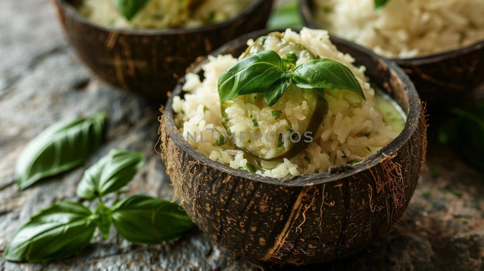 Authentic Thai green curry, served in a hollowed-out coconut shell alongside fluffy jasmine rice and fresh basil leaves - a fragrant, spicy, and creamy representation of traditional Thai culinary