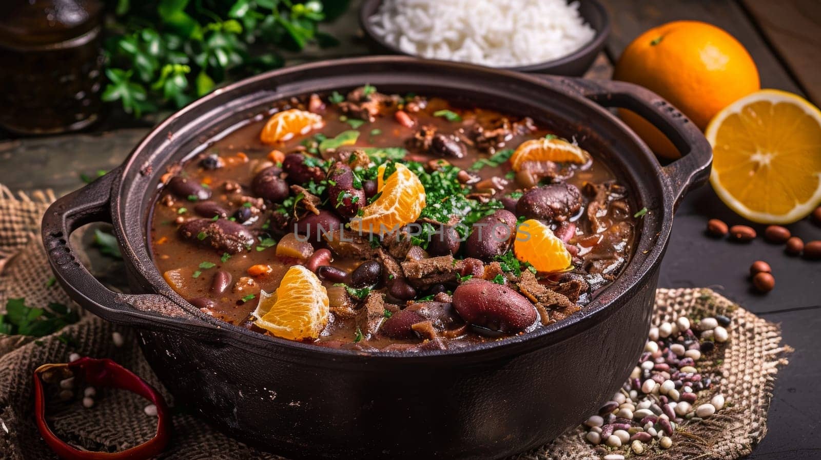 Authentic Brazilian feijoada, a traditional stew made with a variety of meats and beans, served in a cast-iron pot and accompanied by fragrant rice, refreshing oranges, and crunchy texture of farofa
