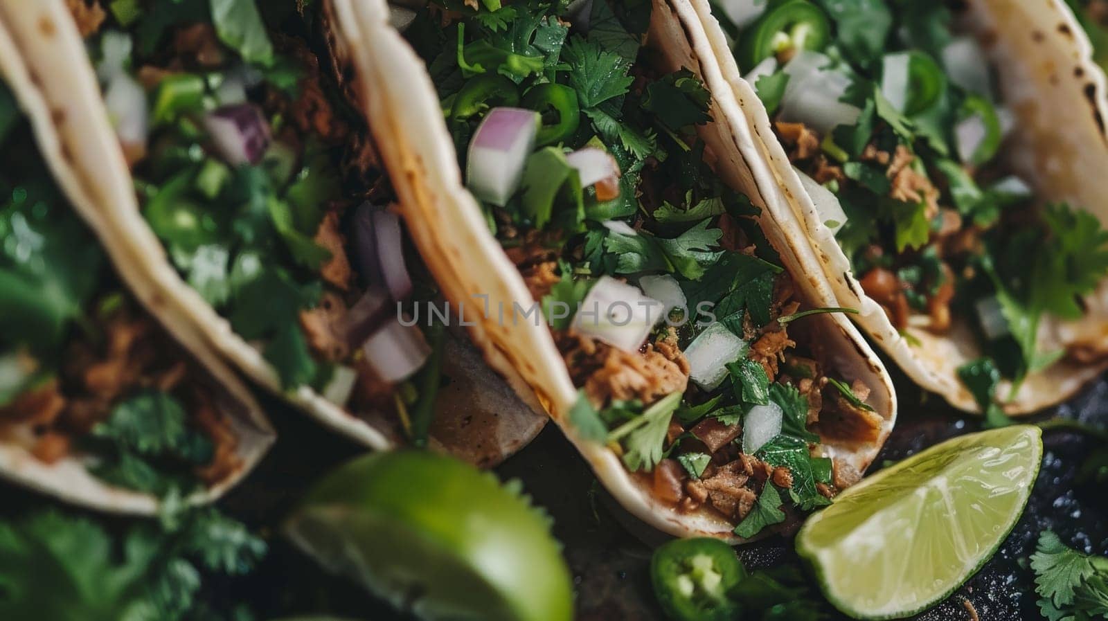 A vibrant display of authentic Mexican tacos, featuring a variety of fillings wrapped in soft corn tortillas and topped with fresh cilantro, onions, and tangy lime slices