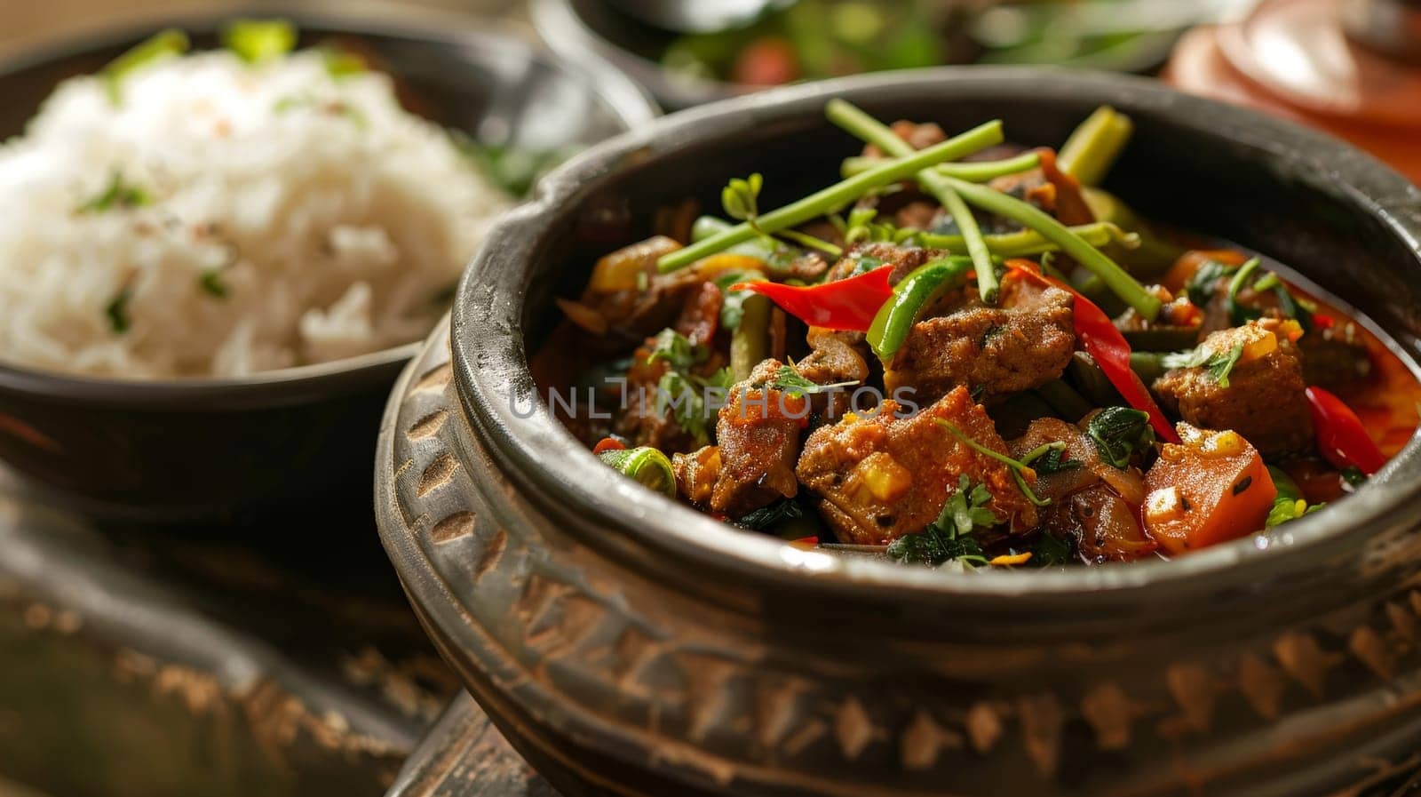 A close-up of a spicy and fragrant Indian curry, simmered to perfection in a traditional clay pot and served alongside fluffy basmati rice, showcasing the bold flavors and authentic of Indian cuisine