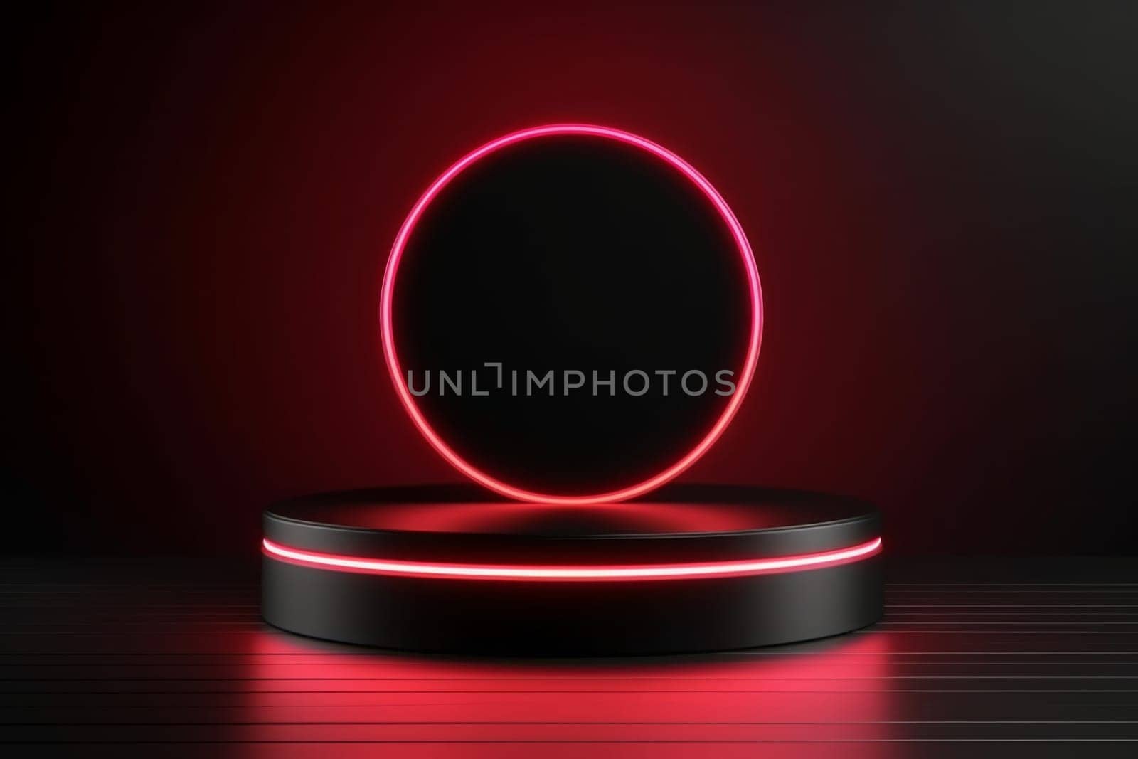 Realistic black 3d cylinder podium mockup with red glowing light semi circles layers design for products display stage showcase modern luxury background illustration. Generated AI.