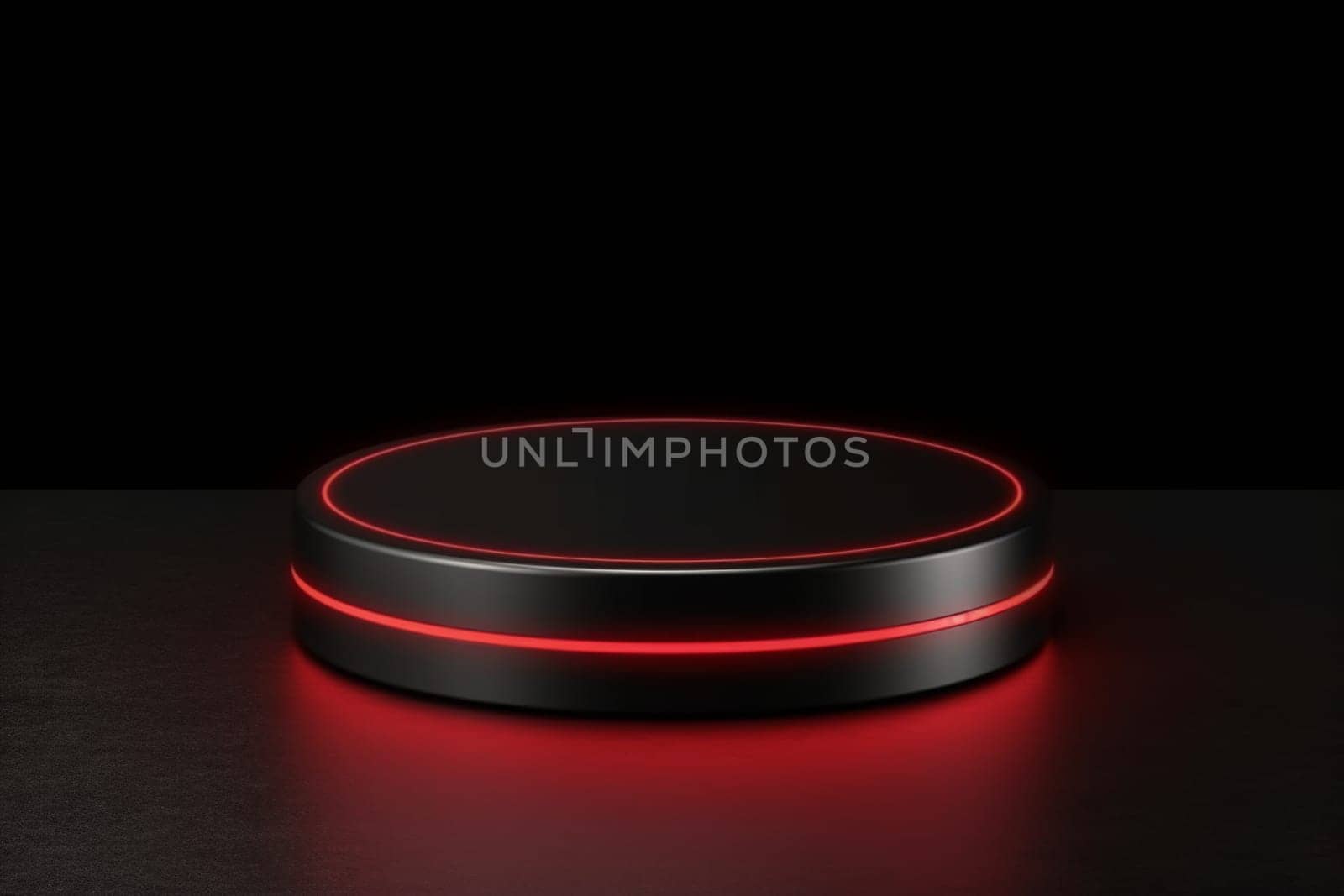 Realistic black 3d cylinder podium mockup with red glowing light semi circles layers design for products display stage showcase modern luxury background illustration. Generated AI.