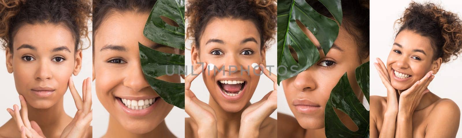 Collage of attractive young African American woman using skincare and makeup products, showcasing her beauty routine.