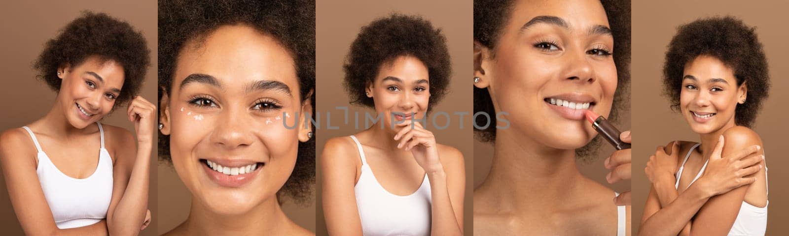 Collage of attractive young Black woman using skincare and makeup products, showcasing her beauty routine.