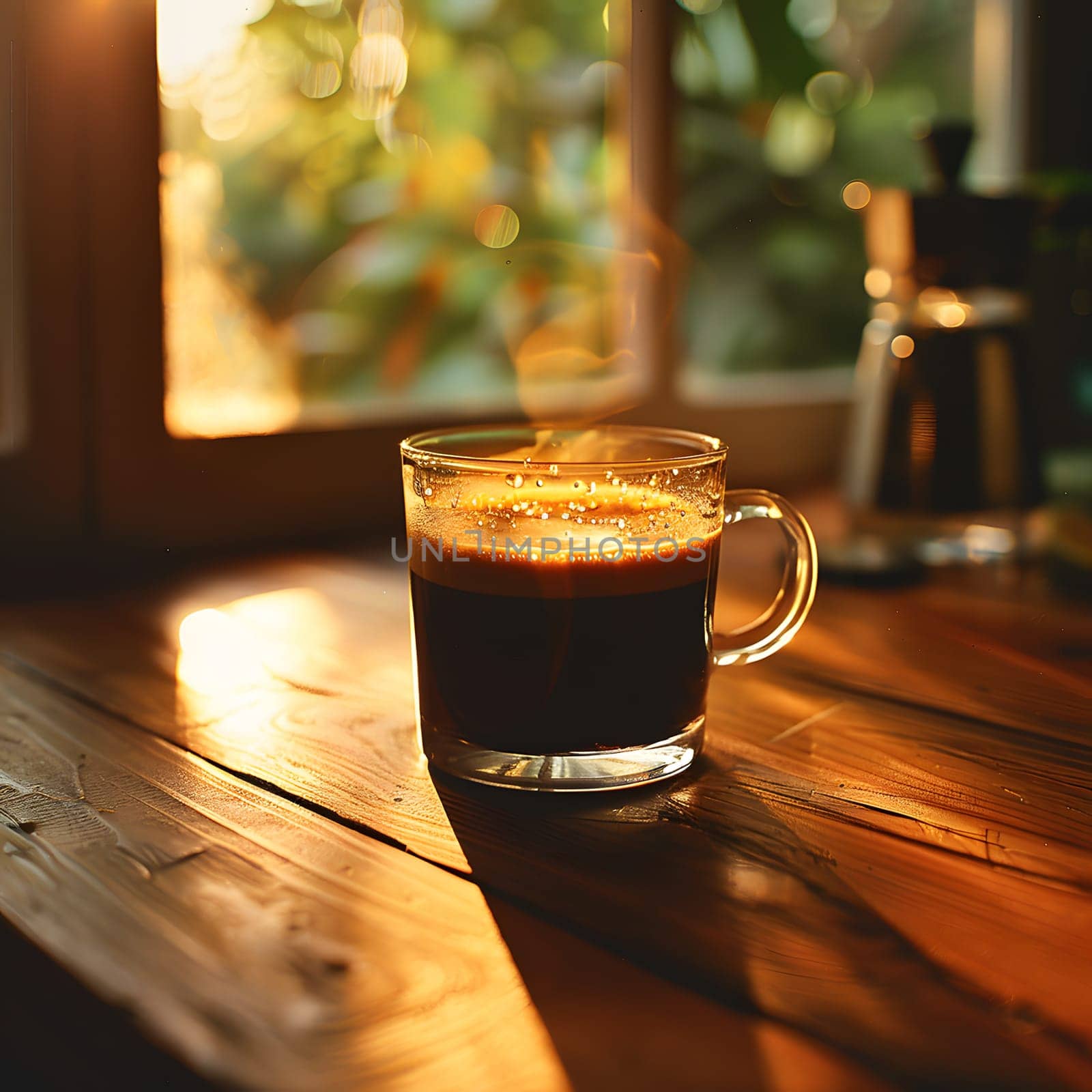 Singleorigin coffee in a cup on wooden table by window by Nadtochiy