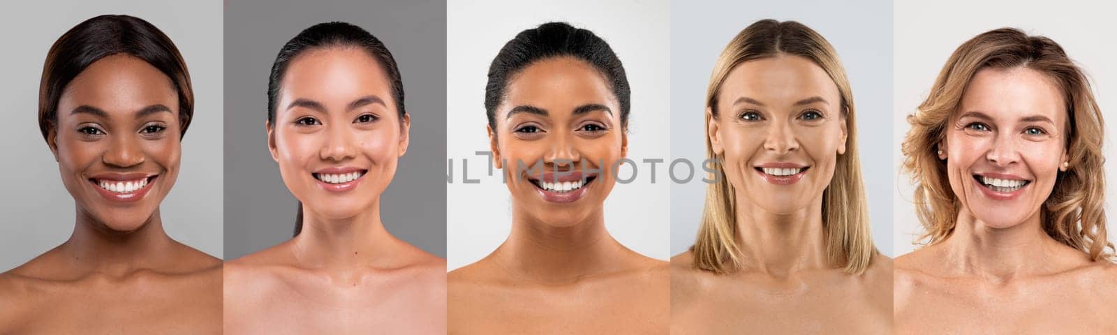 Collage of diverse women smiling in portrait mode, showcasing different skin tones and natural beauty, panorama