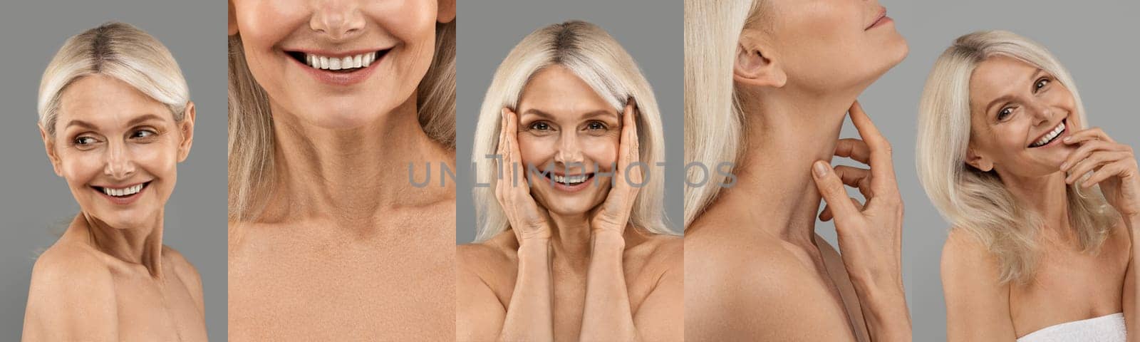Collage of a beautiful senior woman in various poses against a grey background, showcasing natural beauty and skincare.