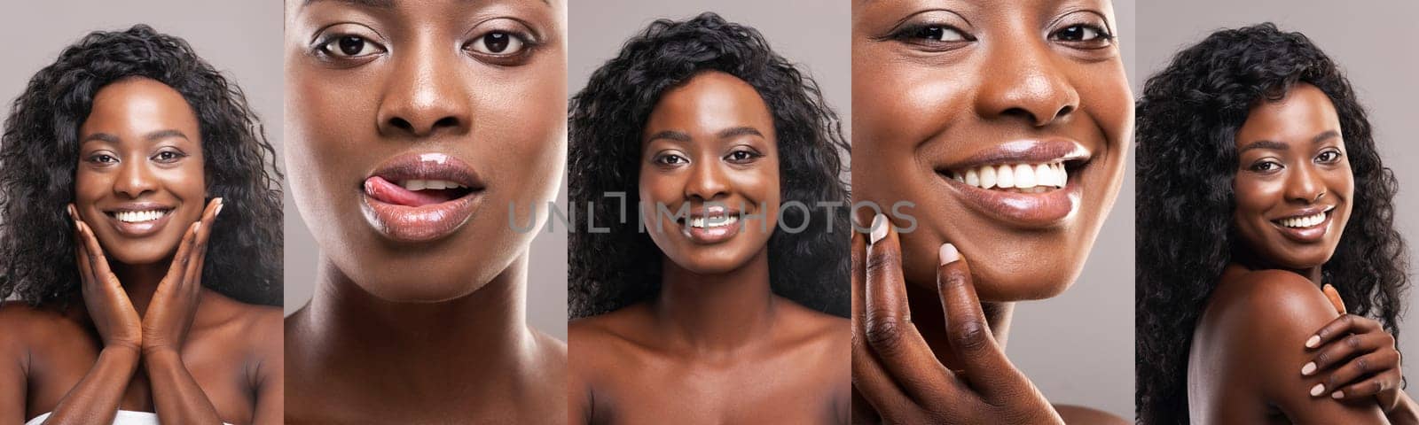 Collage of a beautiful black woman in various poses against a grey background, showcasing natural beauty and skincare.