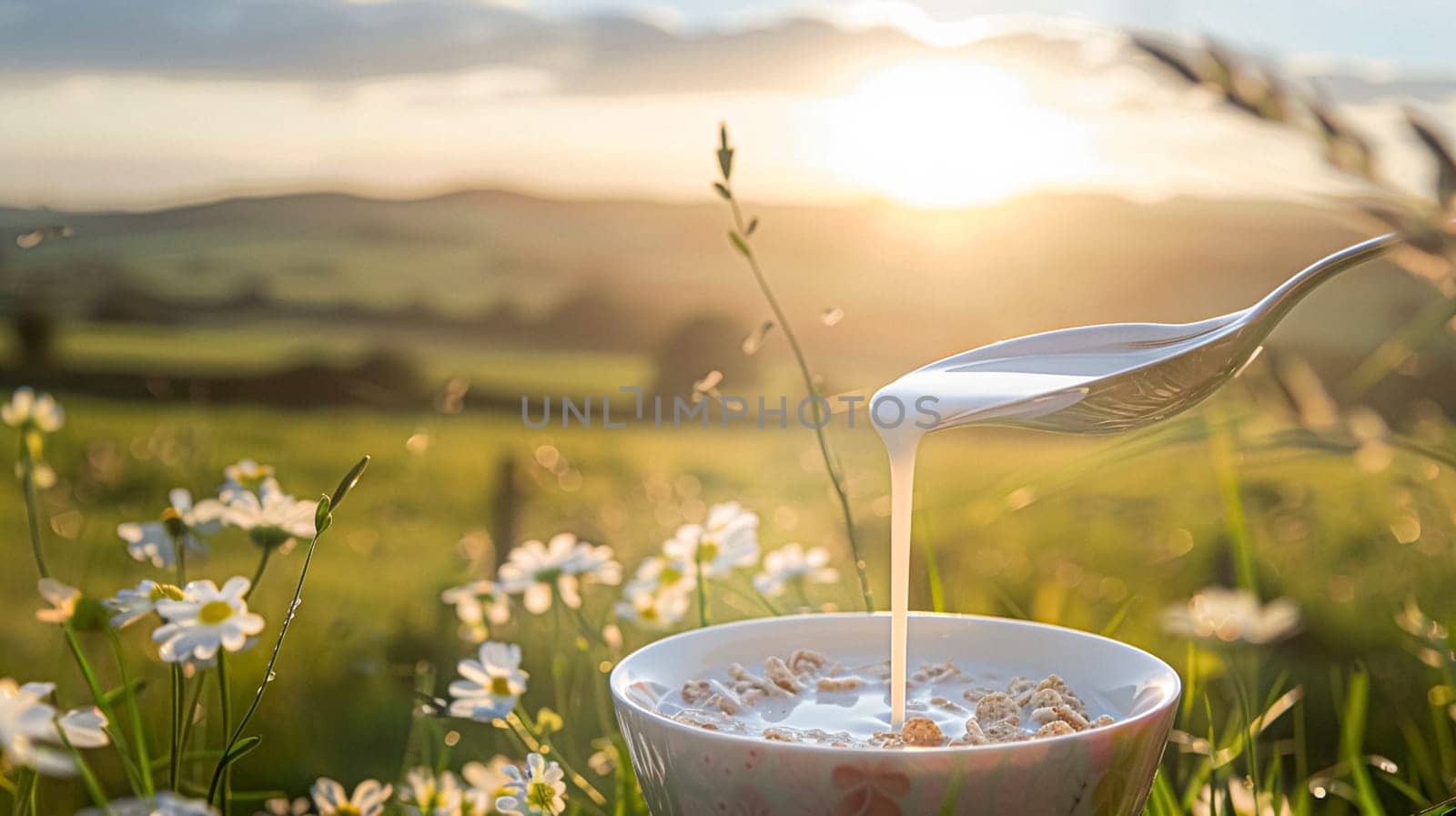 Pouring fresh milk into bowl of cereal in the English countryside field on a sunny morning for breakfast