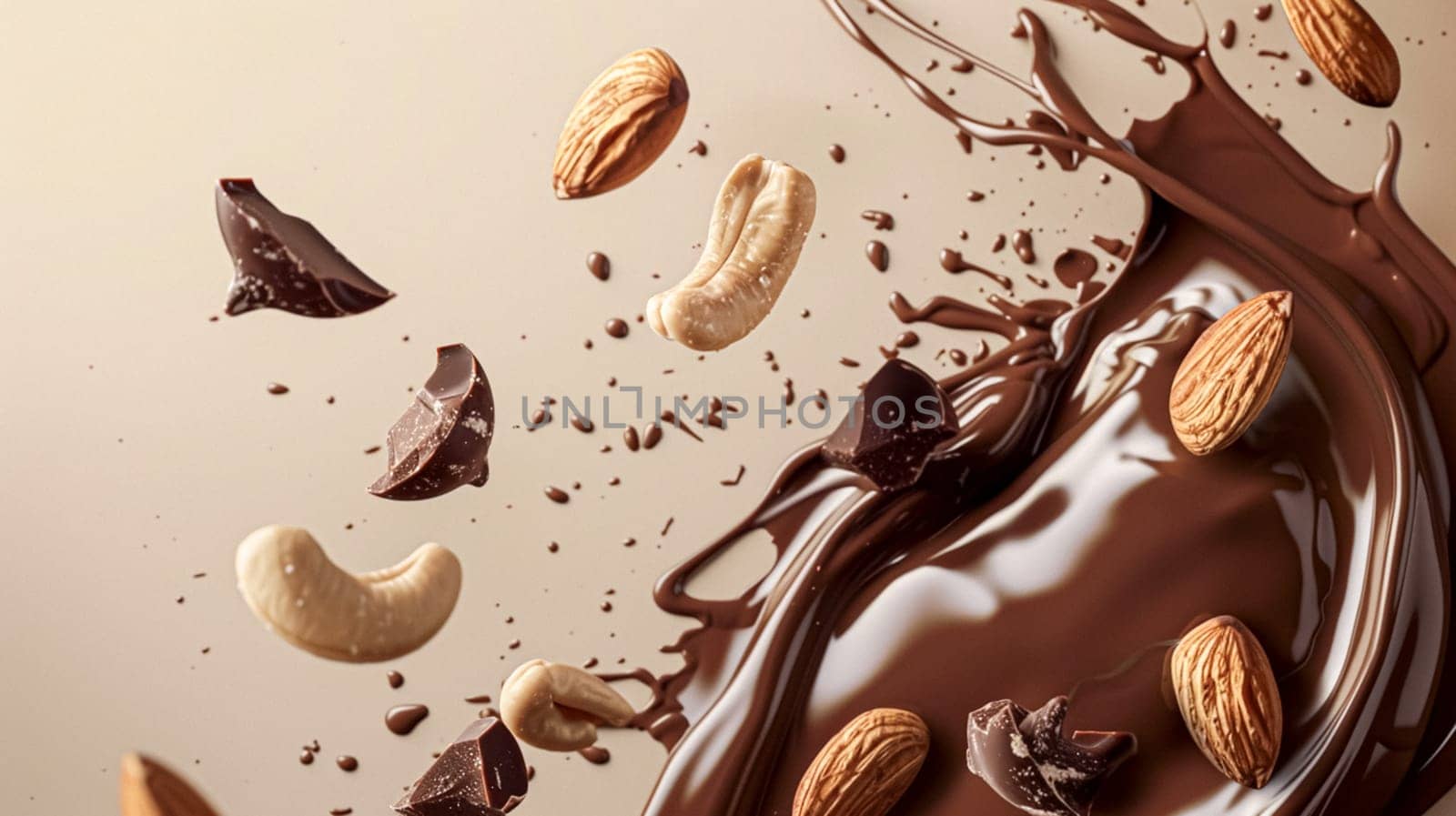 Nuts and chocolate splash, food dessert and confectionery industry