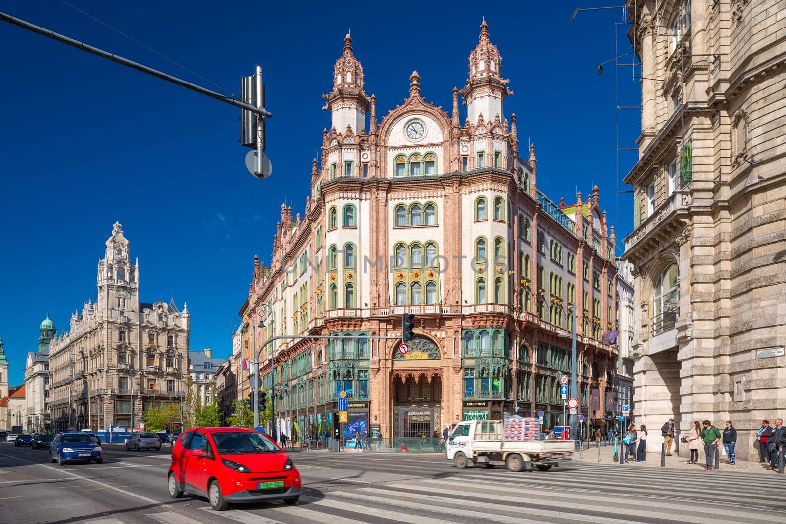 Budapest, Hungary - 5 April 2024: Parisi Udvar Hotel, The Unbound Collection by Hyatt art, nouveau architecture, inner city.
