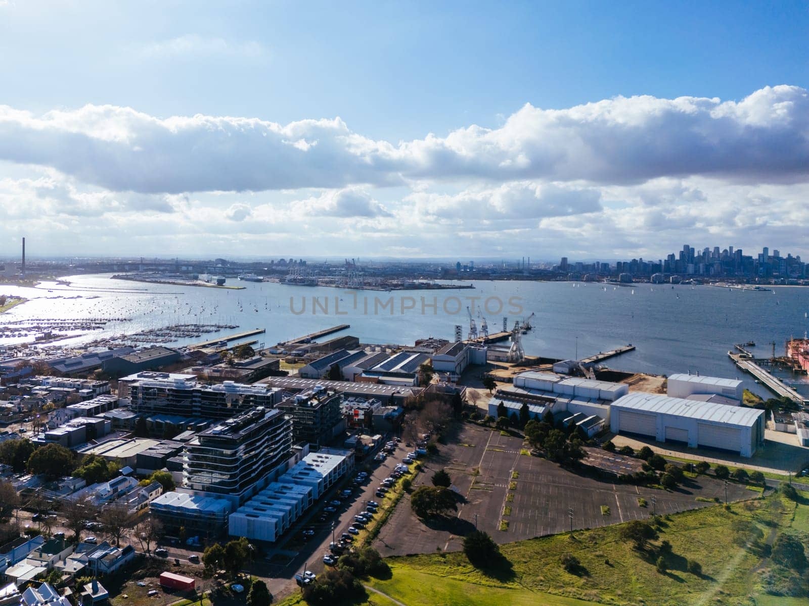 Aerial views across Williamstown on a clear winter's day in Melbourne, Victoria, Australia