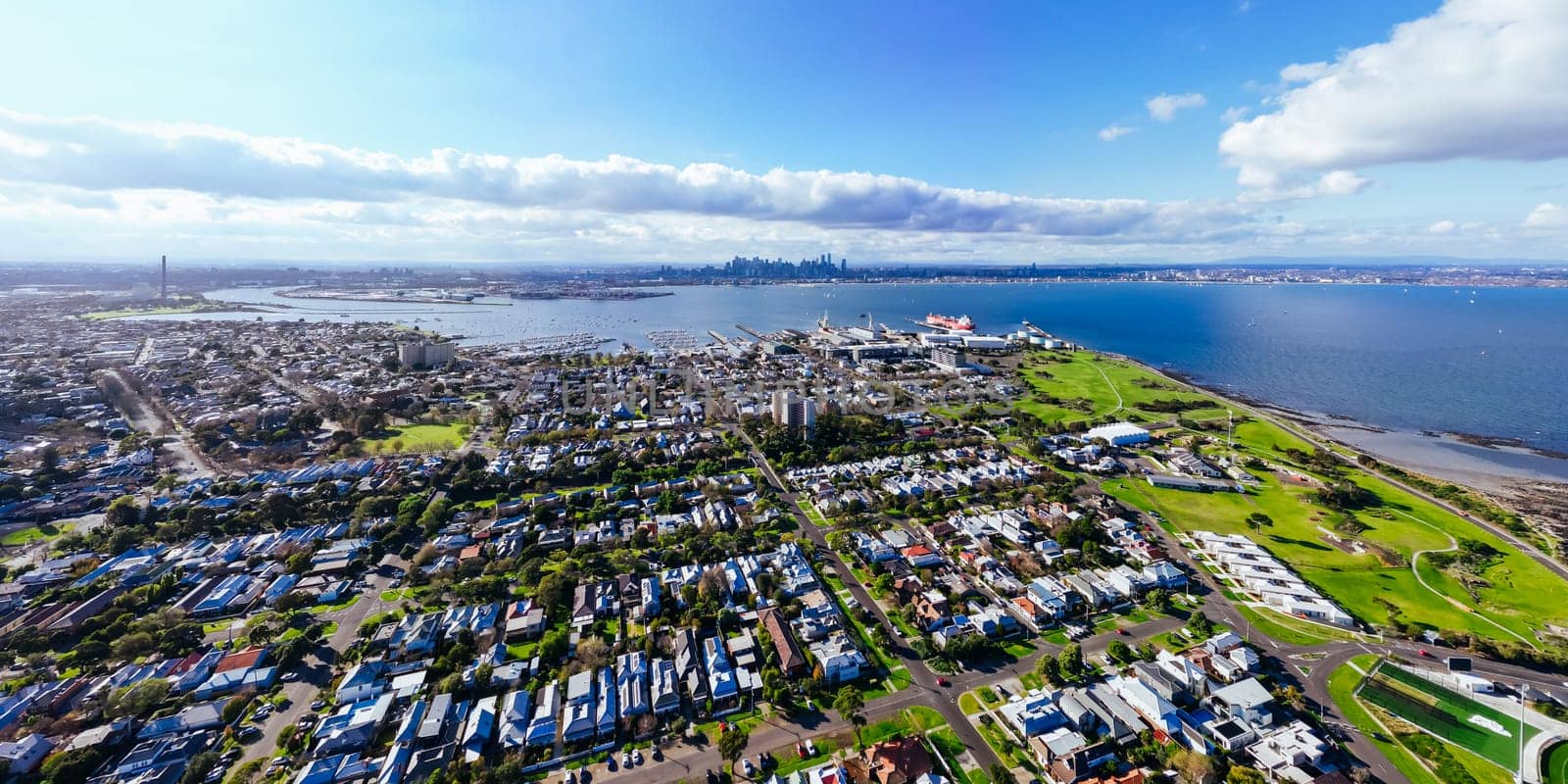 Aerial views across Williamstown on a clear winter's day in Melbourne, Victoria, Australia