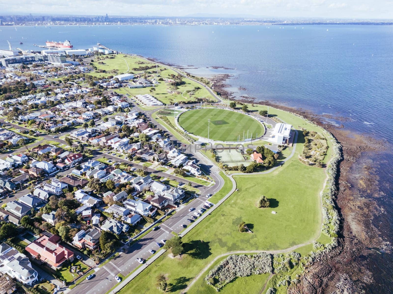 Aerial views across Williamstown on a clear winter's day in Melbourne, Victoria, Australia