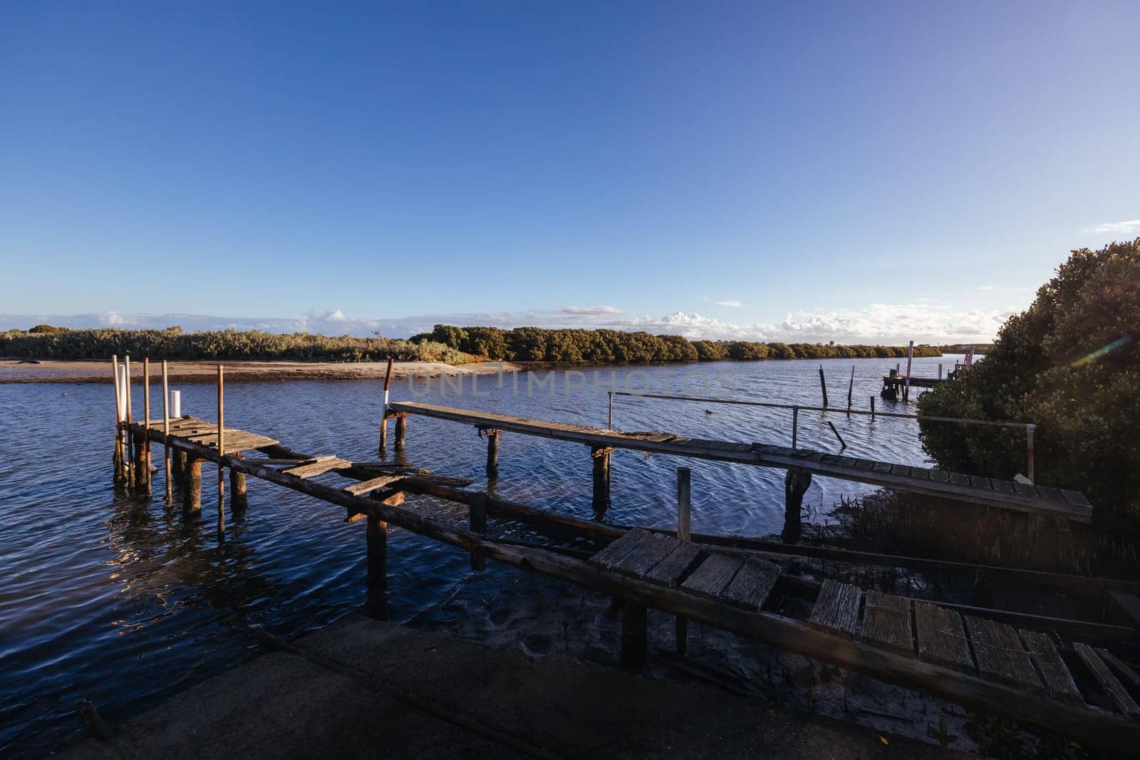 Kororoit Creek Historic Fishing Village at dusk in Jawbone Flora and Fauna Reserve in Williamstown, Melbourne, Victoria, Australia